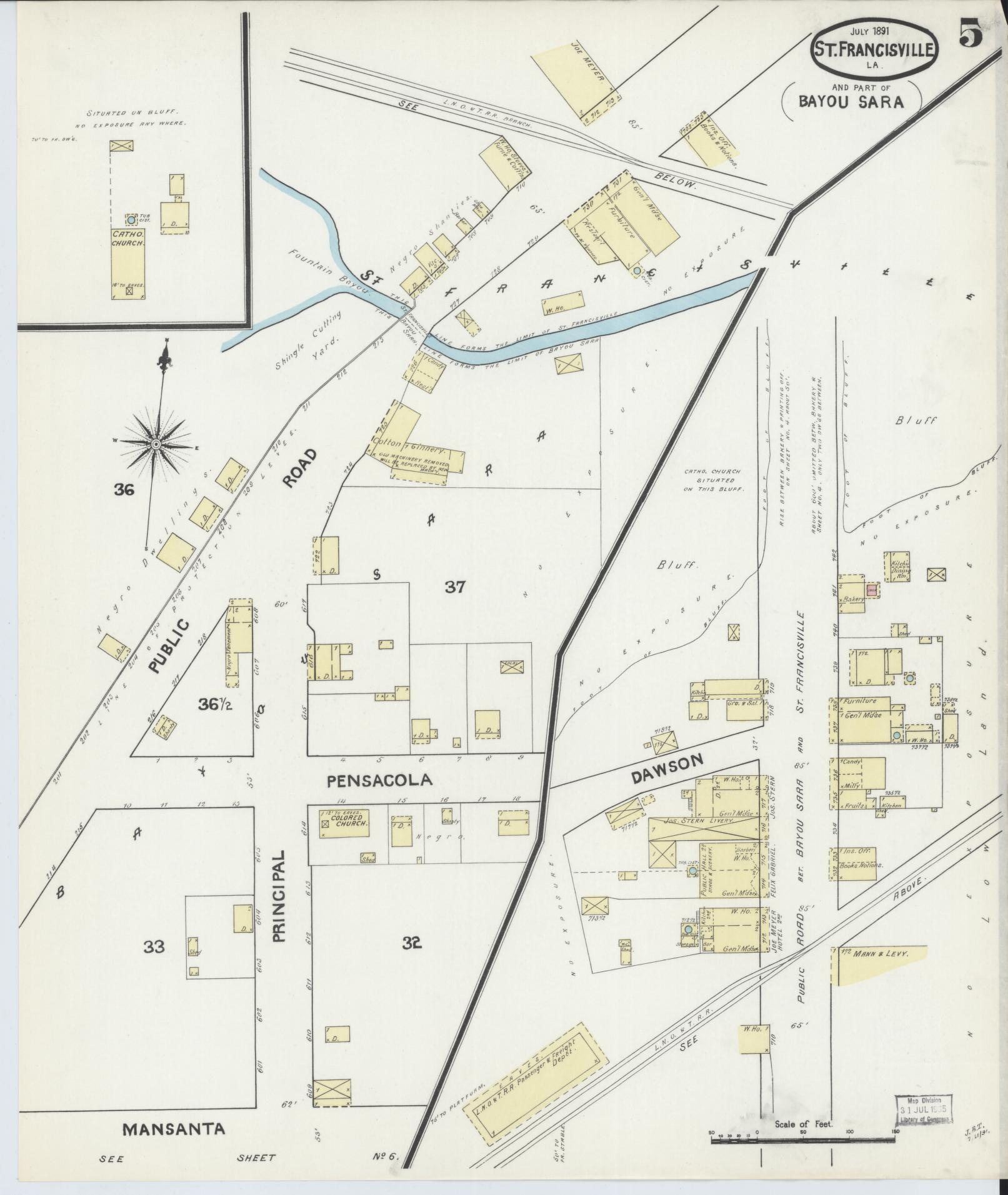 Sanborn Fire Insurance Map from Bayou Sara, West Feliciana Parish, Louisiana (1891), Sheet #0005 - Historic Sanborn Fire Insurance Map Print, vintage old map wall art, antique decor, genealogy gift, Louisiana Louisiana map