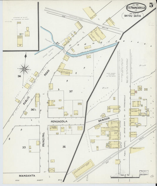 Sanborn Fire Insurance Map from Bayou Sara, West Feliciana Parish, Louisiana (1891), Sheet #0005 - Historic Sanborn Fire Insurance Map Print, vintage old map wall art, antique decor, genealogy gift, Louisiana Louisiana map