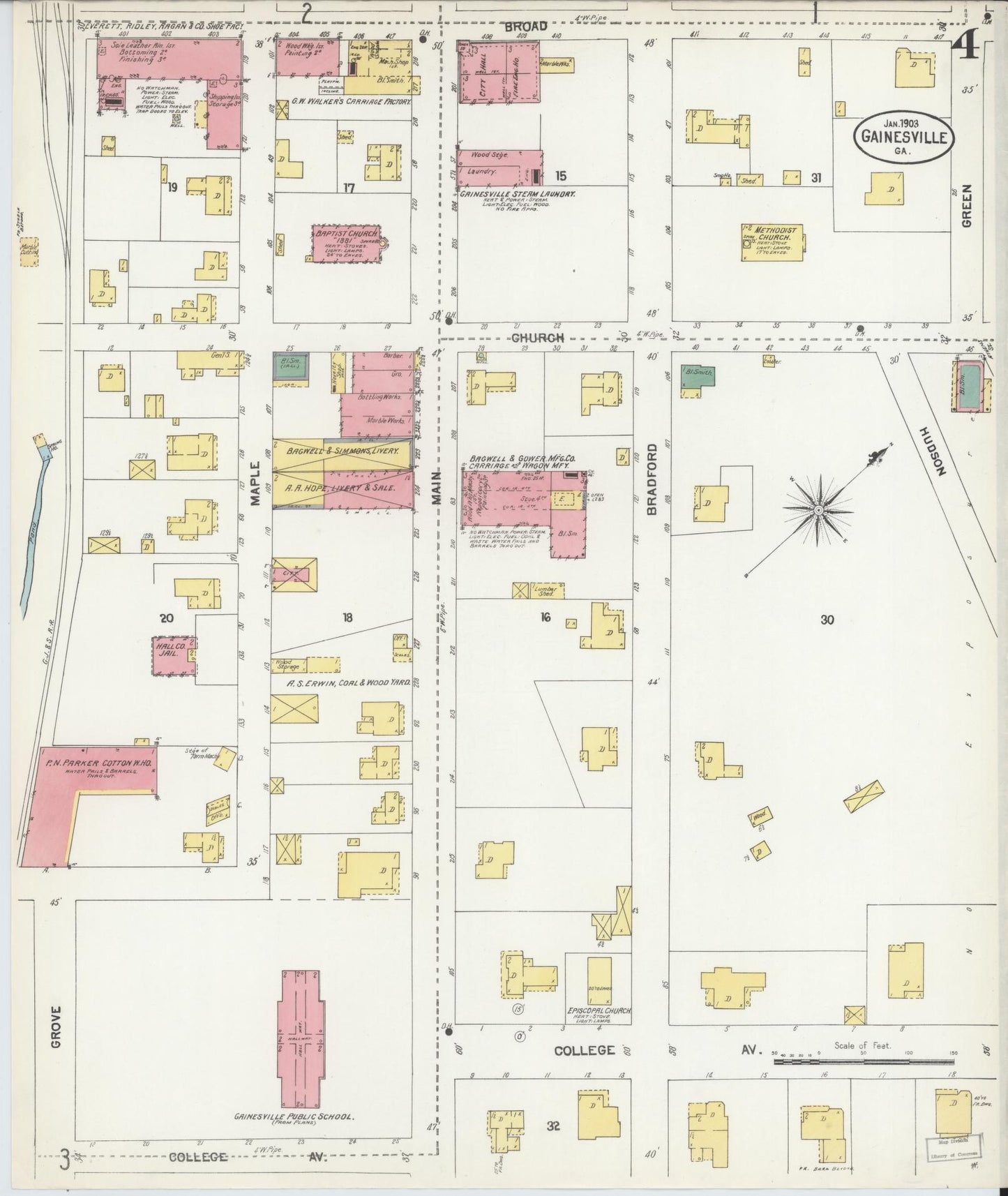 Sanborn Fire Insurance Map from Gainesville, Hall County, Georgia (1903), Sheet #0004 - Complete Map Set gallery image, historic Sanborn map, vintage wall art, Georgia Georgia