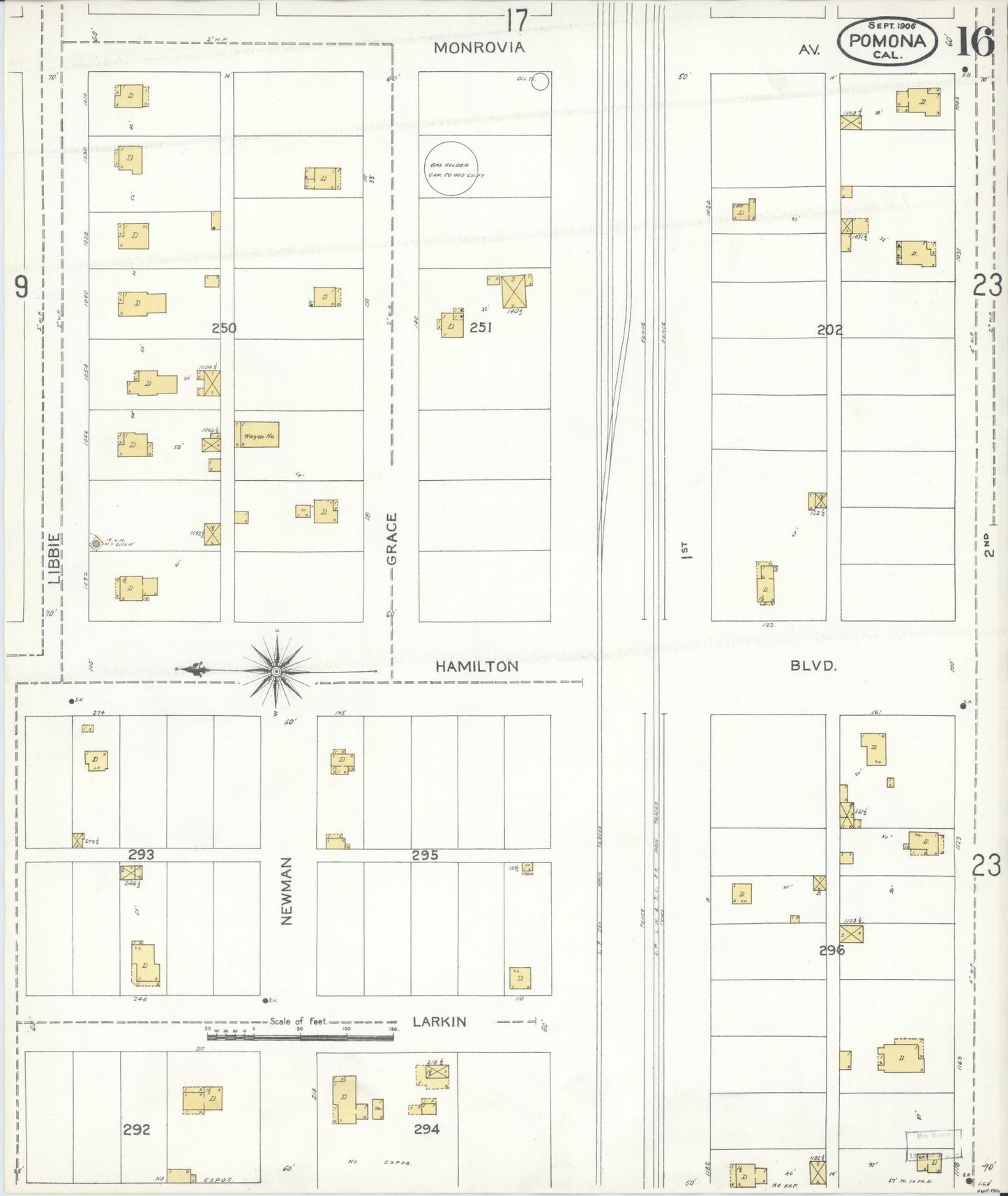 Sanborn Fire Insurance Map from Pomona, Los Angeles County, California (1906), Sheet #0016 - Complete Map Set gallery image, historic Sanborn map, vintage wall art, California California