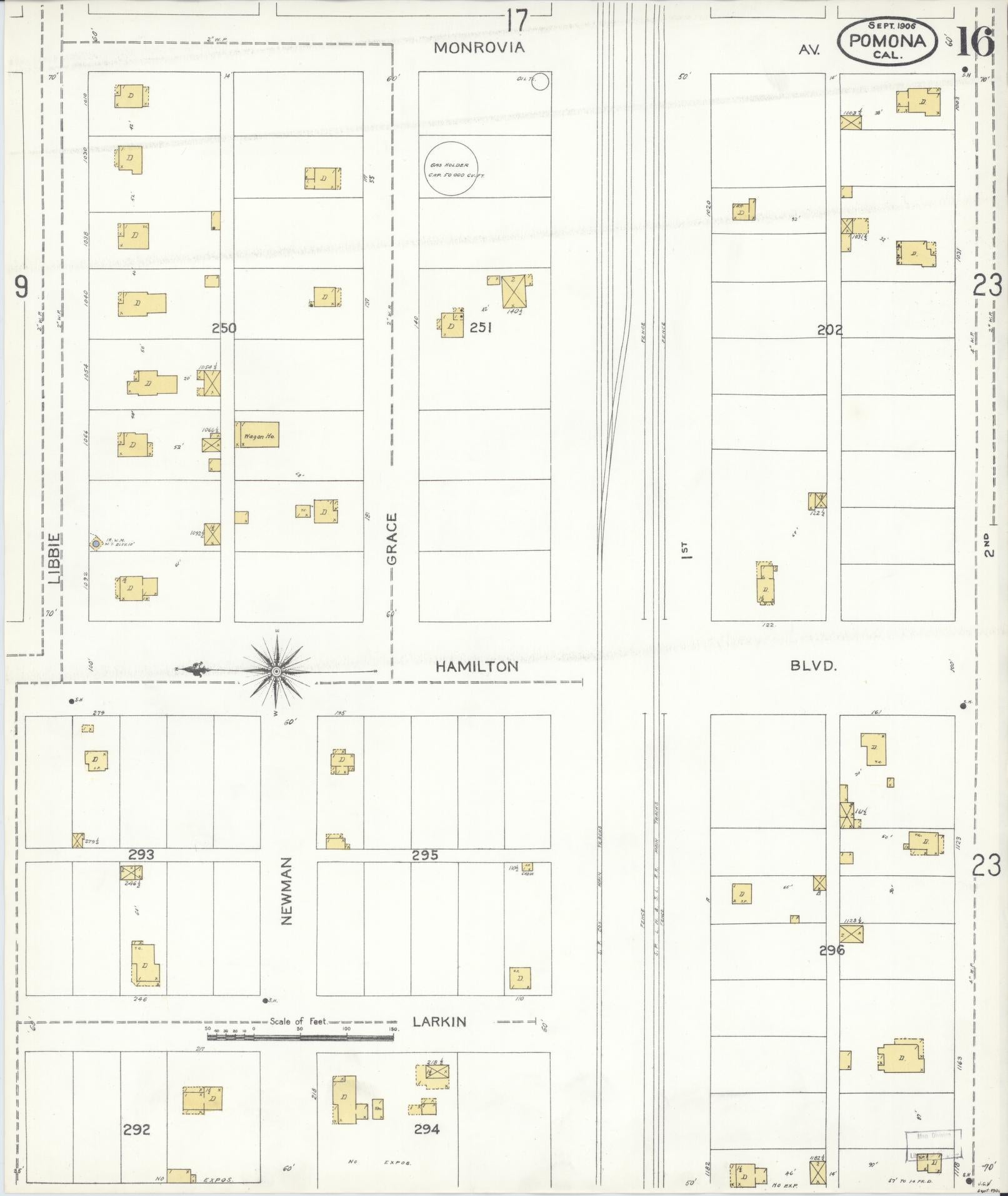 Sanborn Fire Insurance Map from Pomona, Los Angeles County, California (1906), Sheet #0016 - Complete Map Set gallery image, historic Sanborn map, vintage wall art, California California