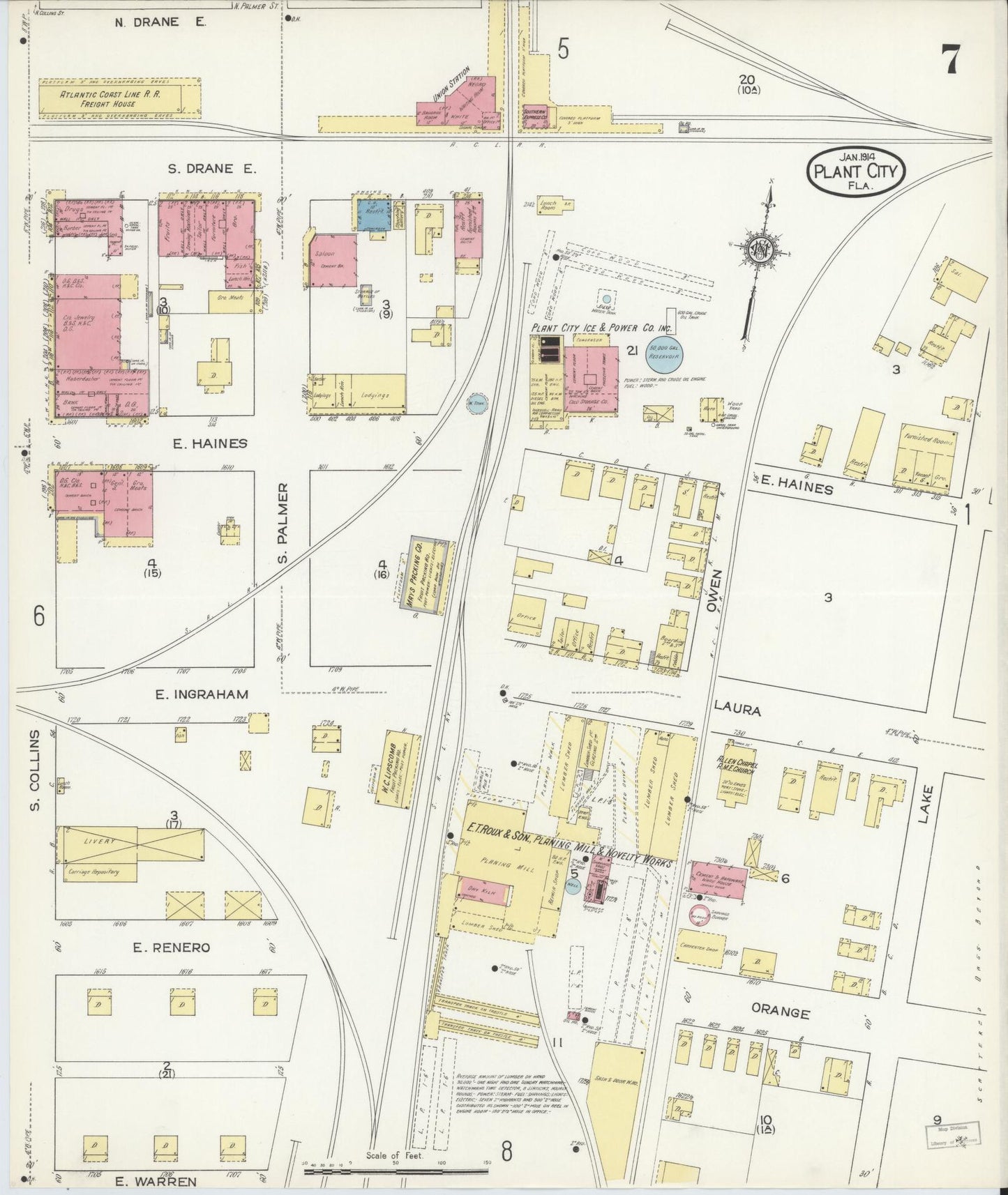 Sanborn Fire Insurance Map from Plant City, Hillborough County, Florida (1914), Sheet #0007 - Complete Map Set gallery image, historic Sanborn map, vintage wall art, Florida Florida
