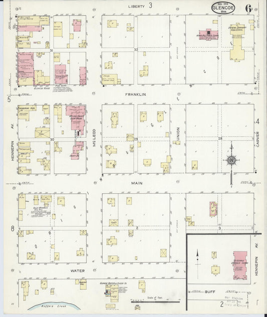 Sanborn Fire Insurance Map from Glencoe, Mcleod County, Minnesota (1914), Sheet #0006 - Historic Sanborn Fire Insurance Map Print, vintage old map wall art, antique decor, genealogy gift, Minnesota Minnesota map