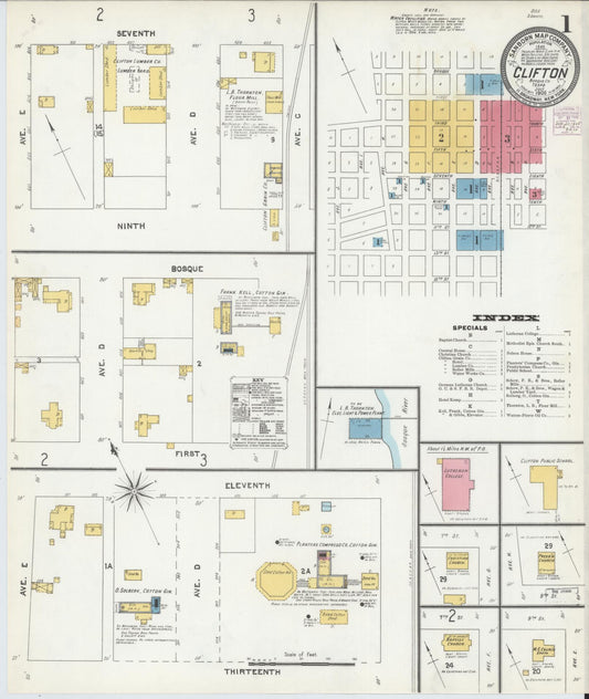 Sanborn Fire Insurance Map from Clifton, Bosque County, Texas (1905), Sheet #0001 - Complete Map Set gallery image, historic Sanborn map, vintage wall art, Texas Texas