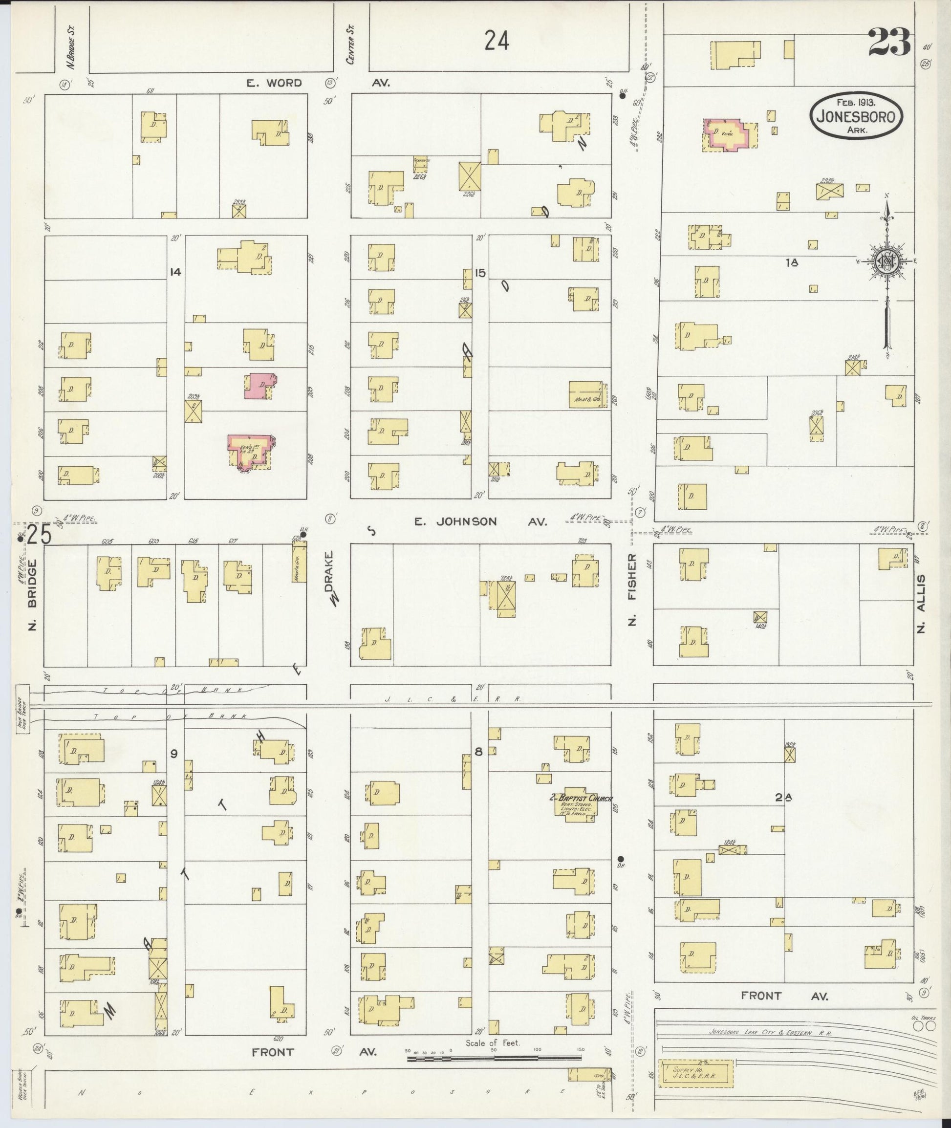 Sanborn Fire Insurance Map from Jonesboro, Craighead County, Arkansas (1913), Sheet #0023 - Historic Sanborn Fire Insurance Map Print, vintage old map wall art, antique decor, genealogy gift, Arkansas Arkansas map