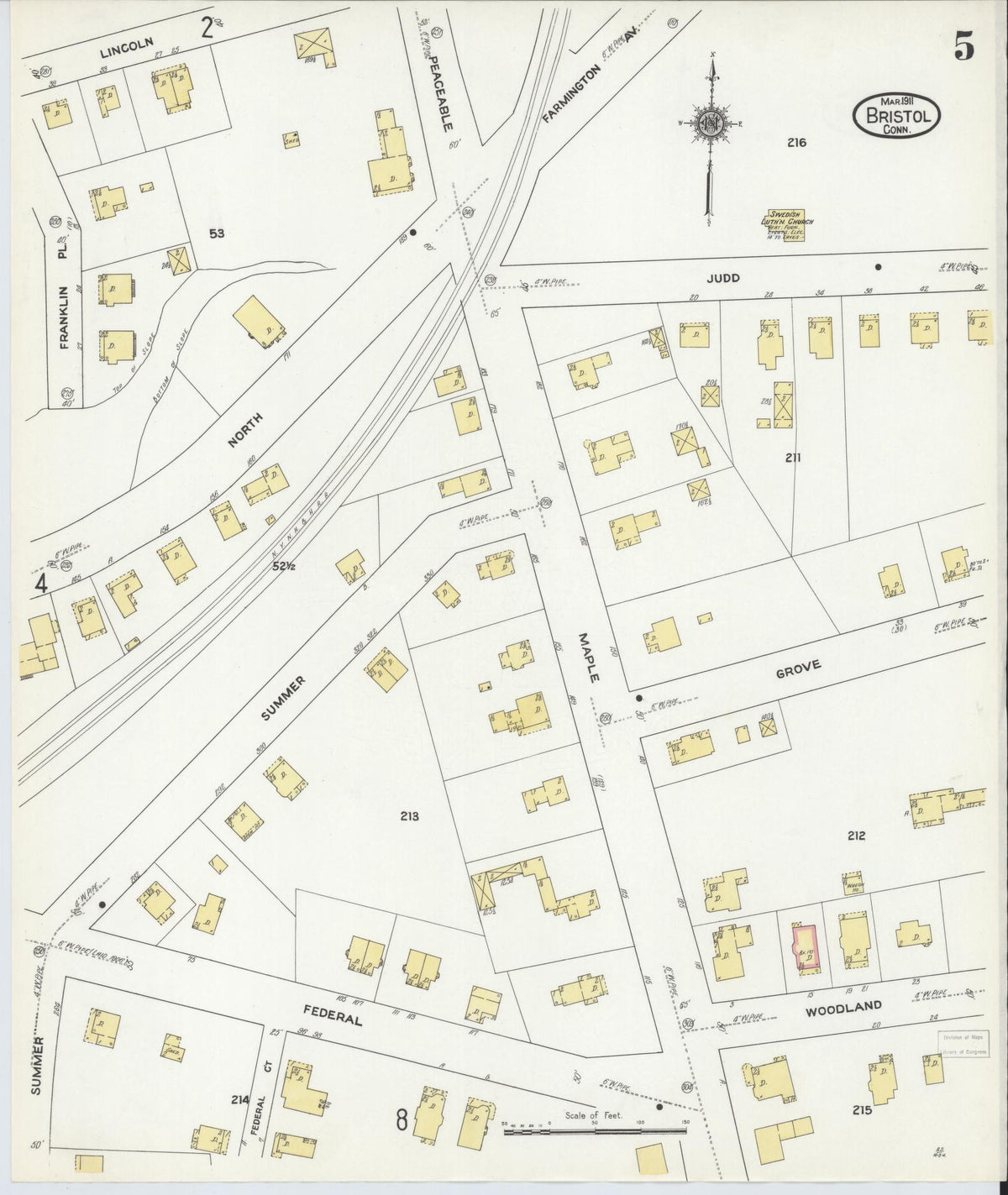 Sanborn Fire Insurance Map from Bristol, Hartford County, Connecticut (1911), Sheet #0005 - Historic Sanborn Fire Insurance Map Print, vintage old map wall art, antique decor, genealogy gift, Connecticut Connecticut map