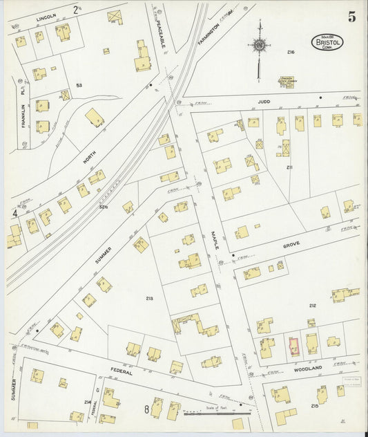 Sanborn Fire Insurance Map from Bristol, Hartford County, Connecticut (1911), Sheet #0005 - Historic Sanborn Fire Insurance Map Print, vintage old map wall art, antique decor, genealogy gift, Connecticut Connecticut map