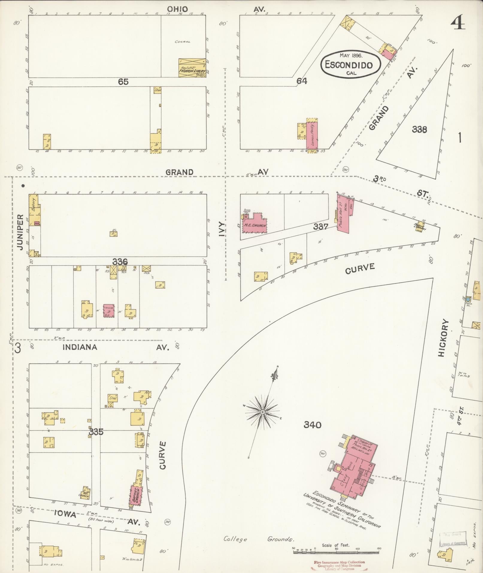 Sanborn Fire Insurance Map from Escondido, San Diego County, California (1896), Sheet #0004 - Historic Sanborn Fire Insurance Map Print, vintage old map wall art, antique decor, genealogy gift, California California map