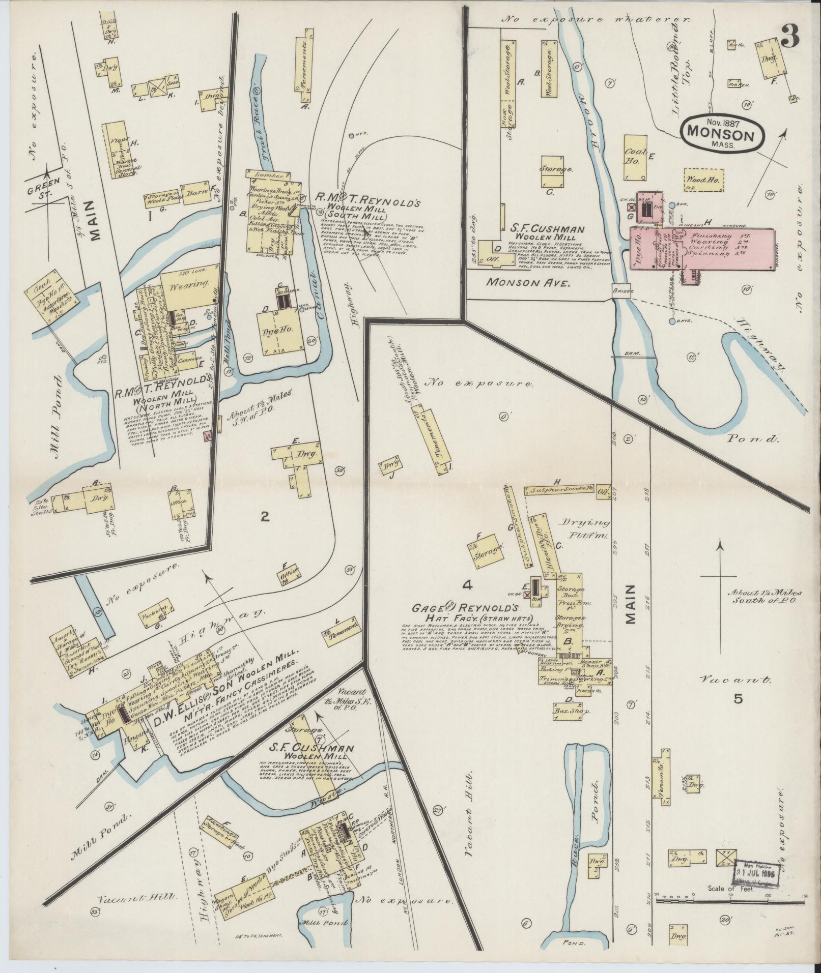 Sanborn Fire Insurance Map from Monson, Hampden County, Massachusetts (1887), Sheet #0003 - Historic Sanborn Fire Insurance Map Print, vintage old map wall art, antique decor, genealogy gift, Massachusetts Massachusetts map