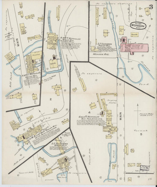 Sanborn Fire Insurance Map from Monson, Hampden County, Massachusetts (1887), Sheet #0003 - Historic Sanborn Fire Insurance Map Print, vintage old map wall art, antique decor, genealogy gift, Massachusetts Massachusetts map