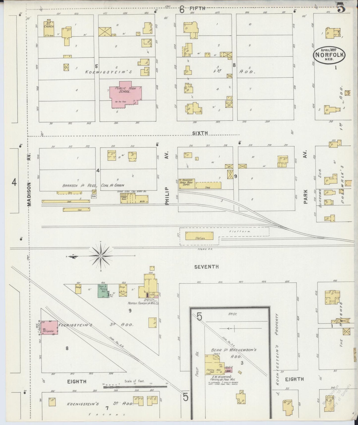 Sanborn Fire Insurance Map from Norfolk, Madison County, Nebraska (1897), Sheet #0005 - Complete Map Set gallery image, historic Sanborn map, vintage wall art, Nebraska Nebraska