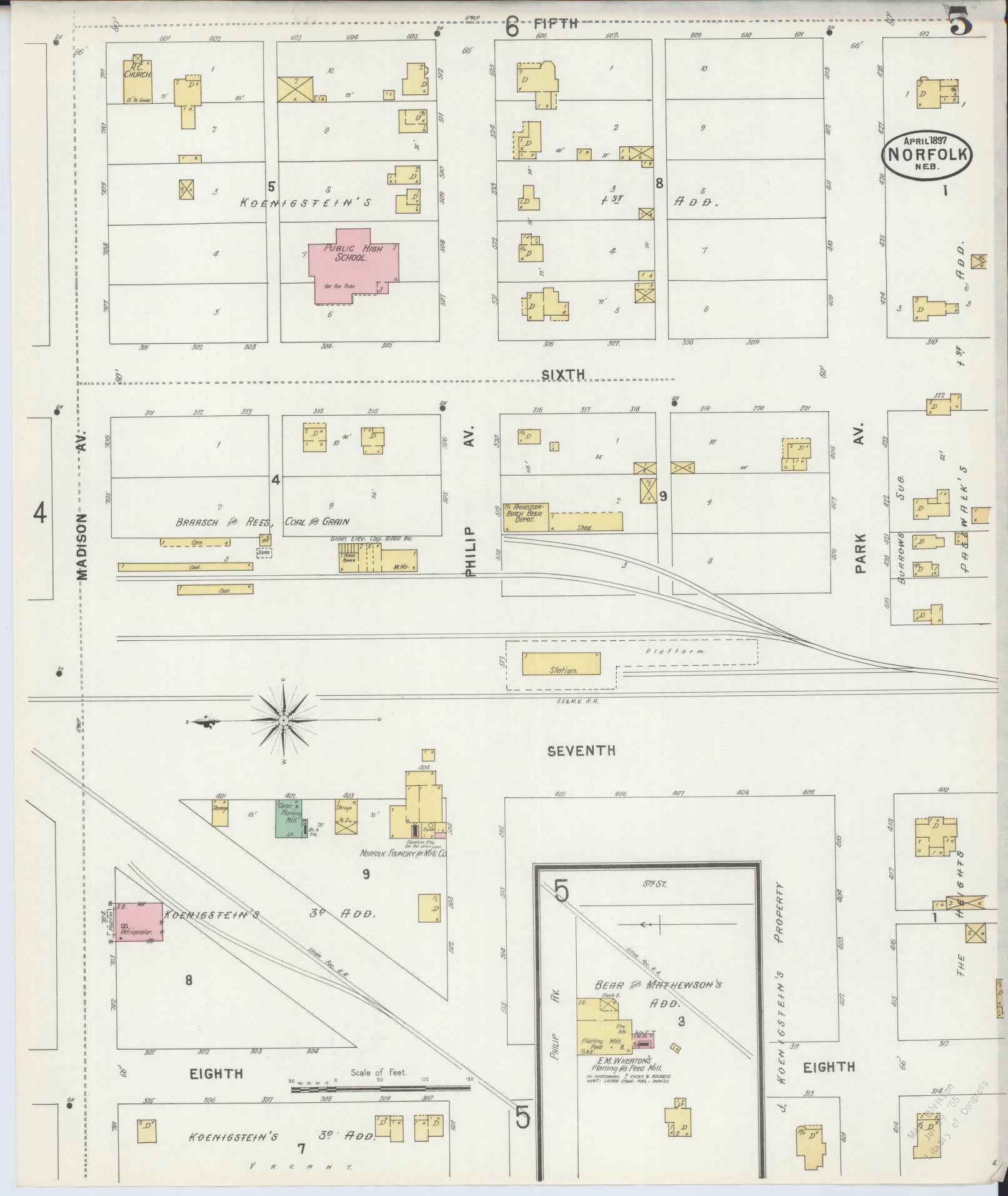 Sanborn Fire Insurance Map from Norfolk, Madison County, Nebraska (1897), Sheet #0005 - Complete Map Set gallery image, historic Sanborn map, vintage wall art, Nebraska Nebraska
