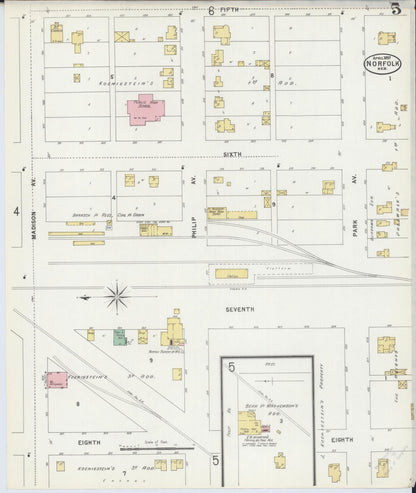 Sanborn Fire Insurance Map from Norfolk, Madison County, Nebraska (1897), Sheet #0005 - Complete Map Set gallery image, historic Sanborn map, vintage wall art, Nebraska Nebraska