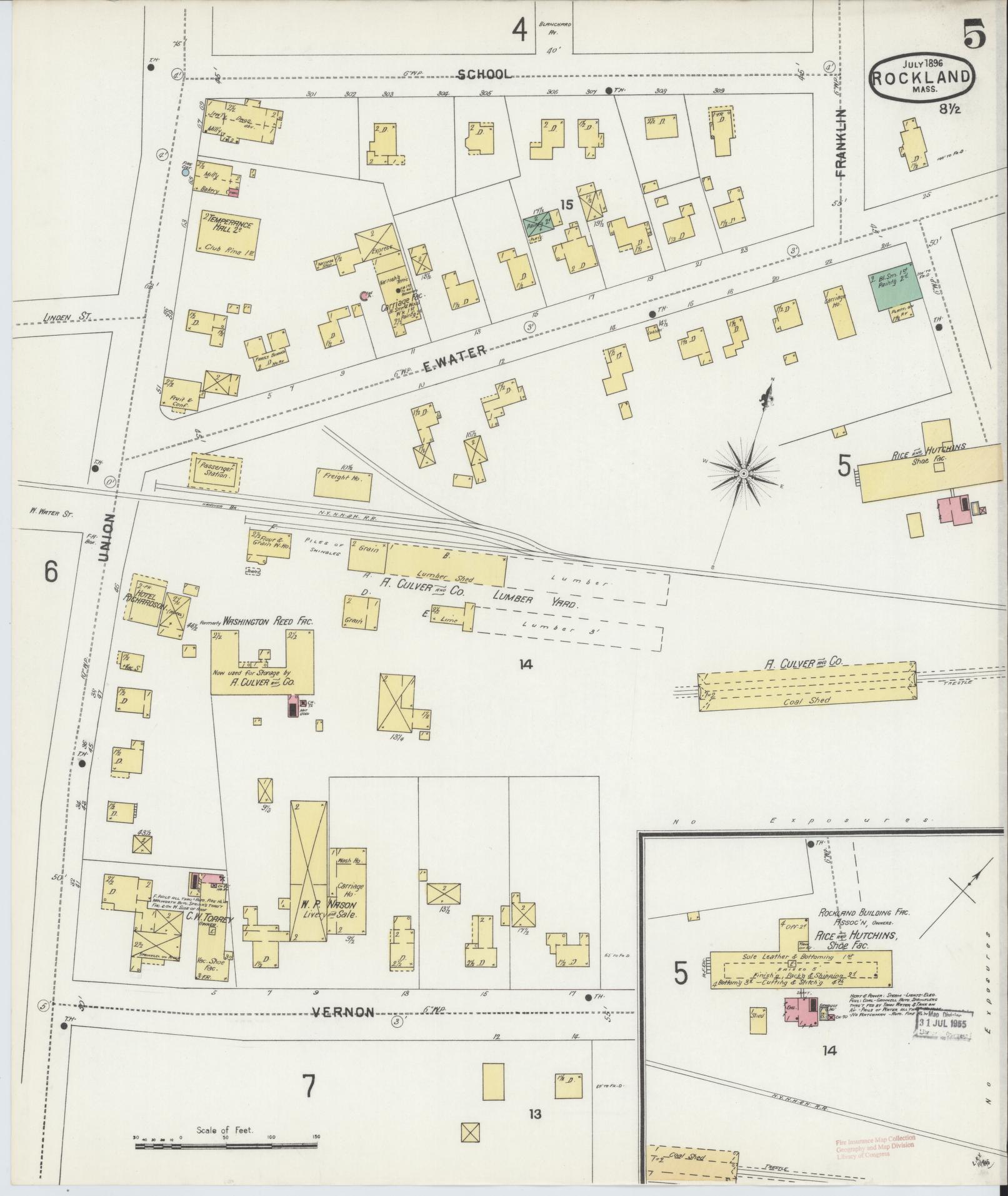 Sanborn Fire Insurance Map from Rockland, Plymouth County, Massachusetts (1896), Sheet #0005 - Historic Sanborn Fire Insurance Map Print, vintage old map wall art, antique decor, genealogy gift, Massachusetts Massachusetts map