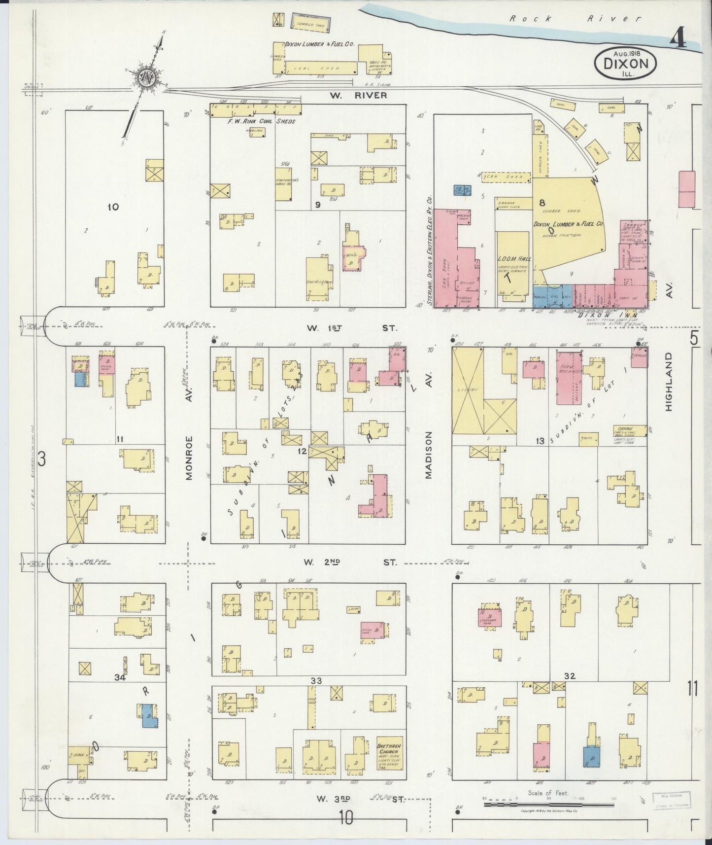 Sanborn Fire Insurance Map from Dixon, Lee County, Illinois (1918), Sheet #0004 - Historic Sanborn Fire Insurance Map Print, vintage old map wall art, antique decor, genealogy gift, Illinois Illinois map