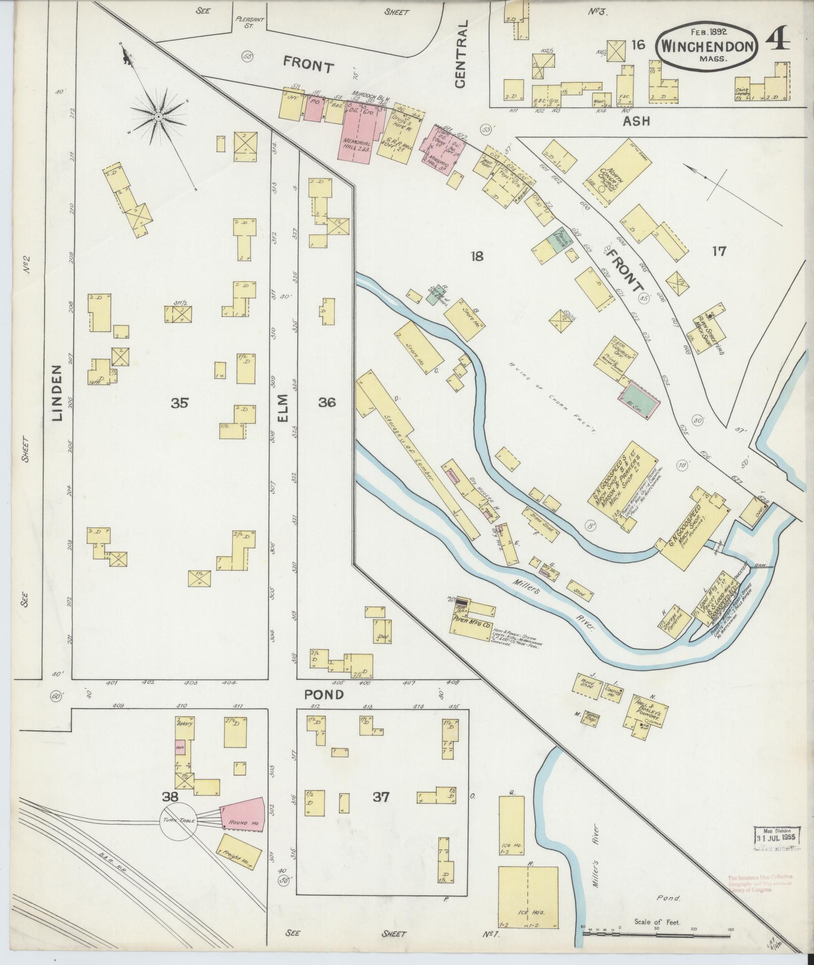 Sanborn Fire Insurance Map from Winchendon, Worcester County, Massachusetts (1892), Sheet #0004 - Historic Sanborn Fire Insurance Map Print, vintage old map wall art, antique decor, genealogy gift, Massachusetts Massachusetts map