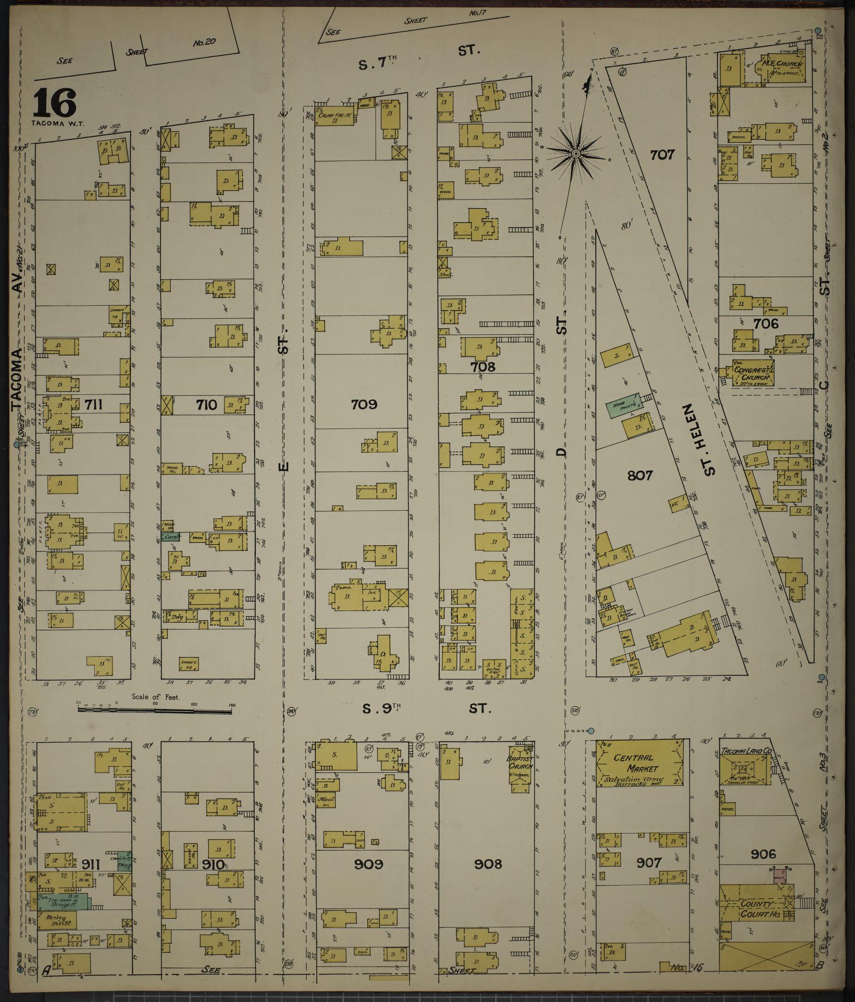 Sanborn Fire Insurance Map from Tacoma, Pierce County, Washington (1888), Sheet #0016 - Complete Map Set gallery image, historic Sanborn map, vintage wall art, Washington Washington