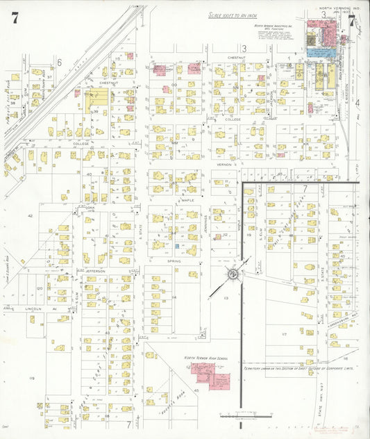 Sanborn Fire Insurance Map from North Vernon, Jennings County, Indiana (1937), Sheet #0007 - Historic Sanborn Fire Insurance Map Print, vintage old map wall art, antique decor, genealogy gift, Indiana Indiana map