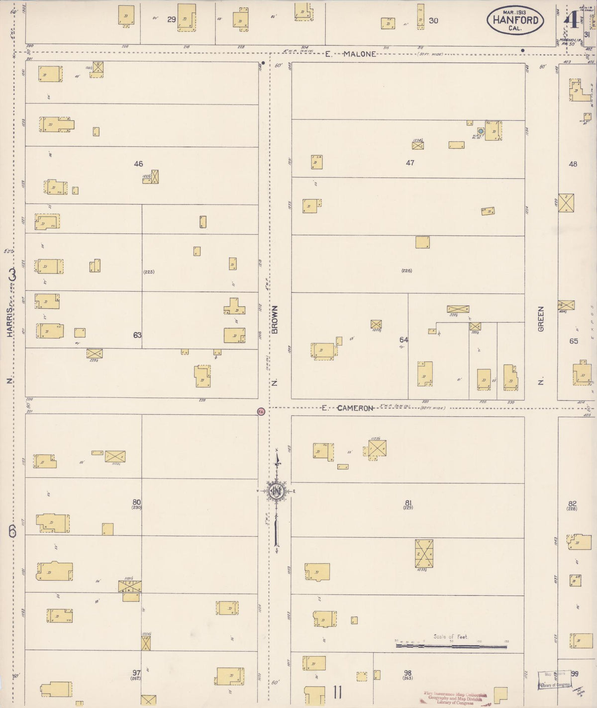 Sanborn Fire Insurance Map from Hanford, Kings County, California (1913), Sheet #0004 - Complete Map Set gallery image, historic Sanborn map, vintage wall art, California California