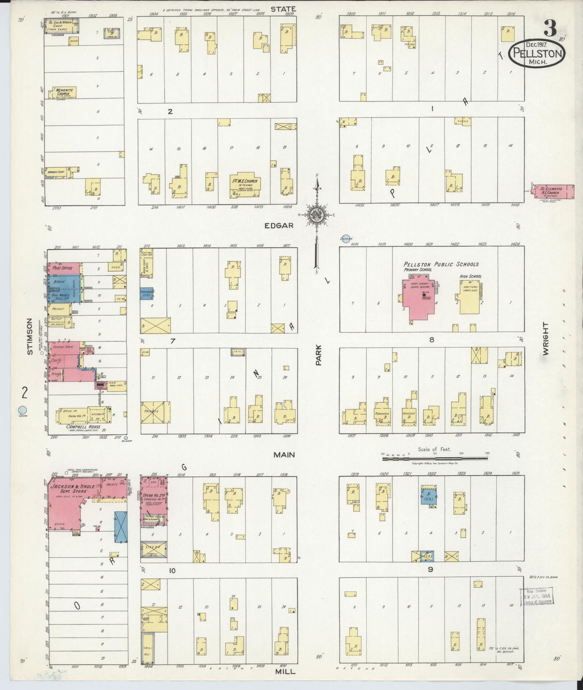 Sanborn Fire Insurance Map from Pellston, Emmet County, Michigan (1917), Sheet #0003 - Historic Sanborn Fire Insurance Map Print, vintage old map wall art, antique decor, genealogy gift, Michigan Michigan map