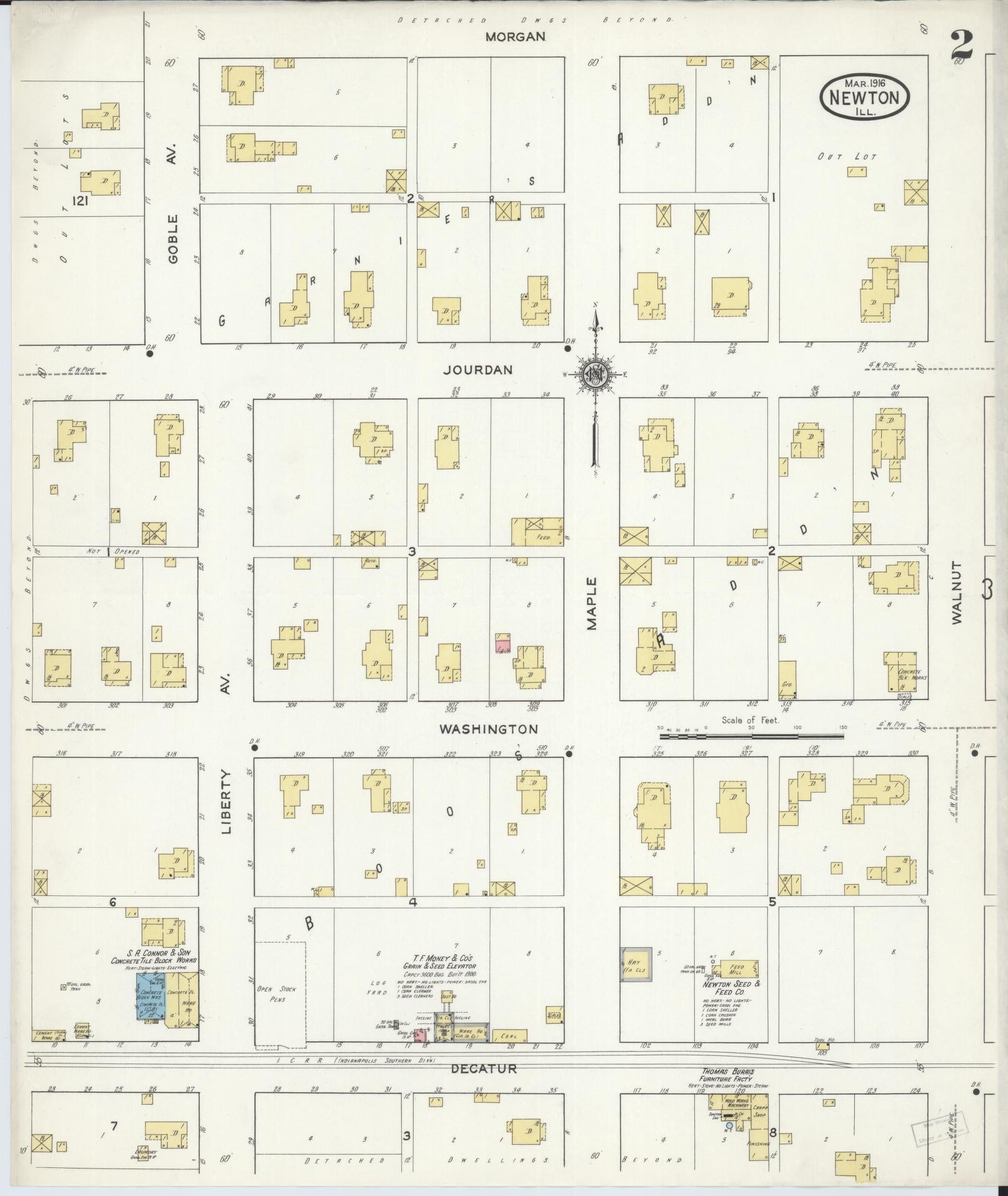 Sanborn Fire Insurance Map from Newton, Jasper County, Illinois (1916), Sheet #0002 - Historic Sanborn Fire Insurance Map Print, vintage old map wall art, antique decor, genealogy gift, Illinois Illinois map
