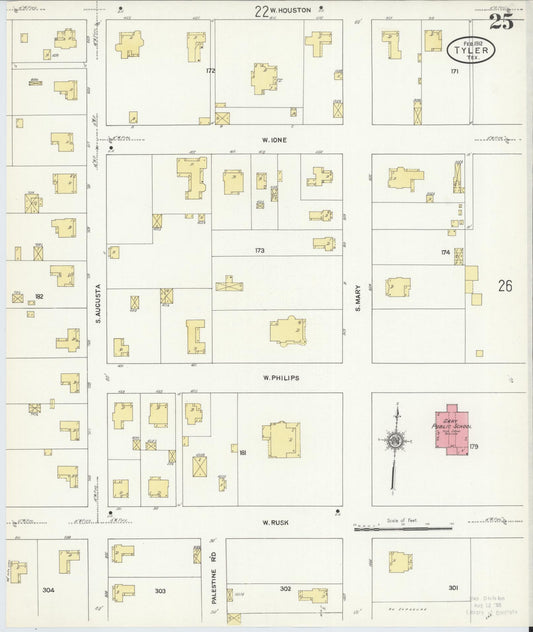 Sanborn Fire Insurance Map from Tyler, Smith County, Texas (1912), Sheet #0025 - Historic Sanborn Fire Insurance Map Print, vintage old map wall art, antique decor, genealogy gift, Texas Texas map