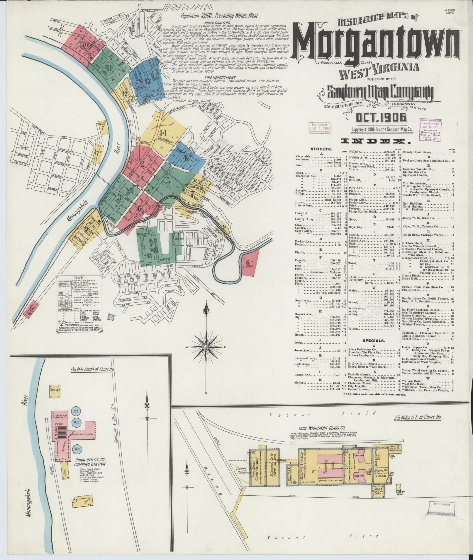 Sanborn Fire Insurance Map from Morgantown, Monongalia County, West Virginia (1906), Sheet #0001 - Historic Sanborn Fire Insurance Map Print, vintage old map wall art, antique decor, genealogy gift, West Virginia West Virginia map