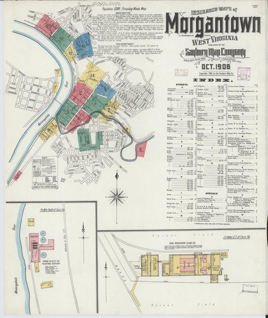 Sanborn Fire Insurance Map from Morgantown, Monongalia County, West Virginia (1906), Sheet #0001 - Historic Sanborn Fire Insurance Map Print, vintage old map wall art, antique decor, genealogy gift, West Virginia West Virginia map