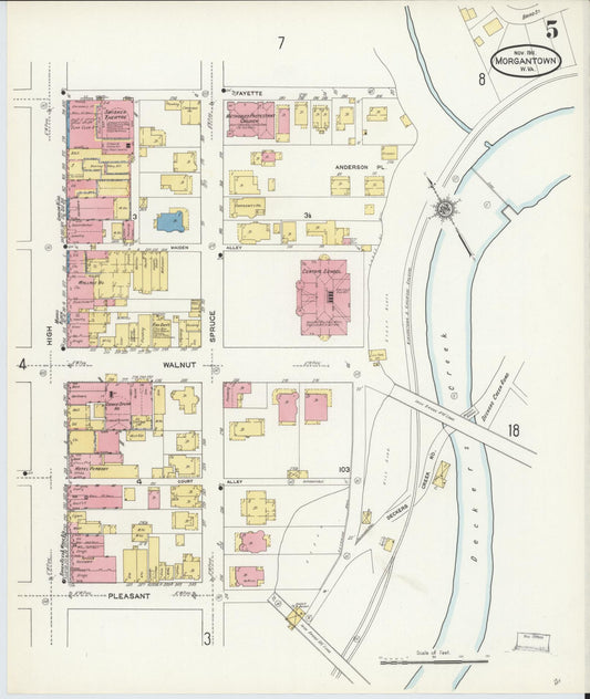 Sanborn Fire Insurance Map from Morgantown, Monongalia County, West Virginia (1911), Sheet #0005 - Historic Sanborn Fire Insurance Map Print, vintage old map wall art, antique decor, genealogy gift, West Virginia West Virginia map