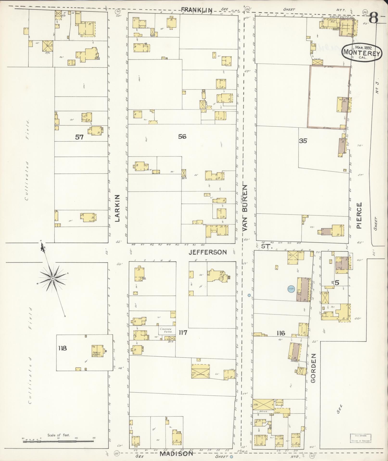 Sanborn Fire Insurance Map from Monterey, Monterey County, California (1892), Sheet #0008 - Historic Sanborn Fire Insurance Map Print, vintage old map wall art, antique decor, genealogy gift, California California map