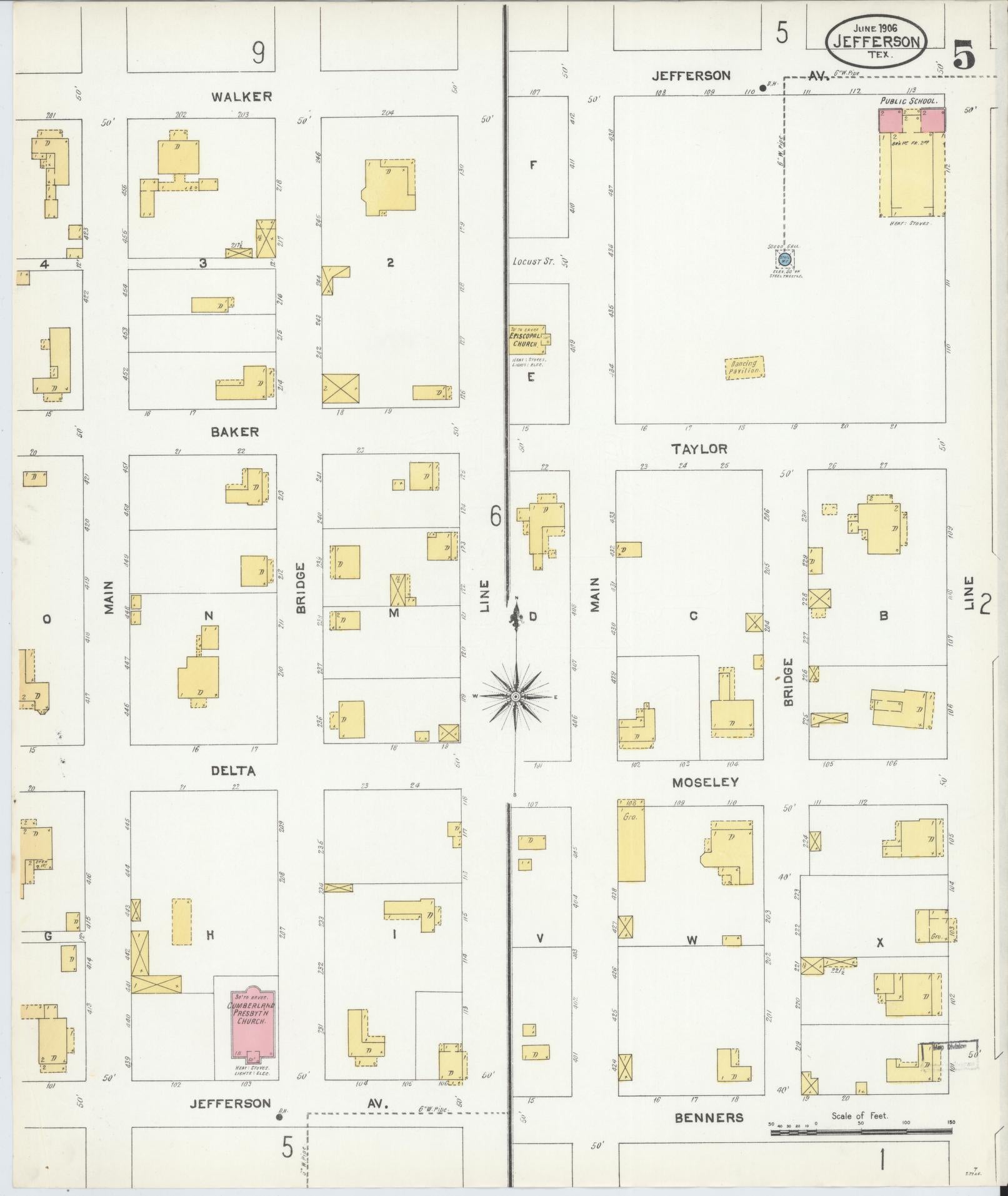 Sanborn Fire Insurance Map from Jefferson, Marion County, Texas (1906), Sheet #0005 - Historic Sanborn Fire Insurance Map Print, vintage old map wall art, antique decor, genealogy gift, Texas Texas map