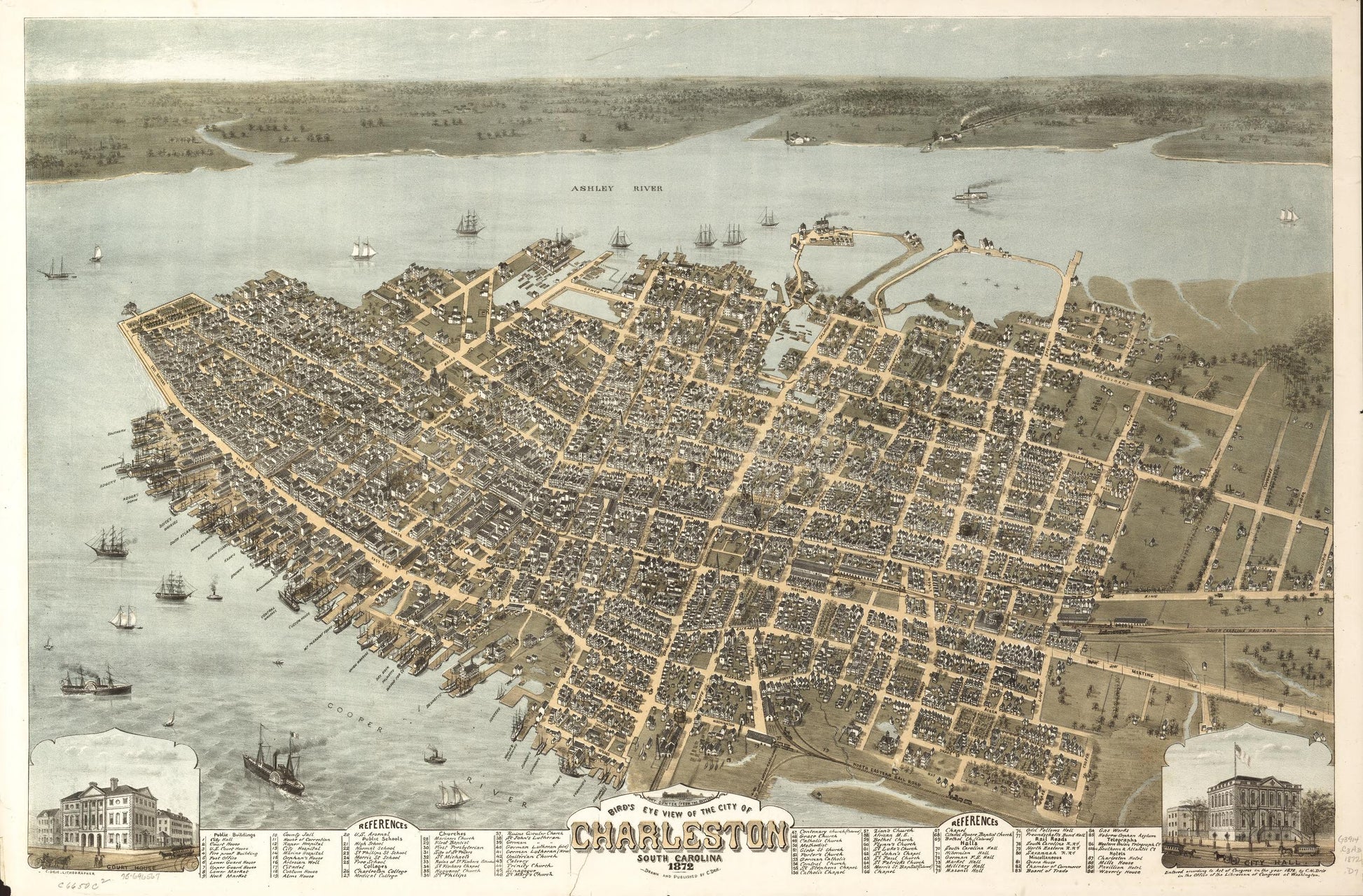 Bird's eye view of the city of Charleston, South Carolina 1872. (1872) – Historic Bird’s-Eye View Panorama Print