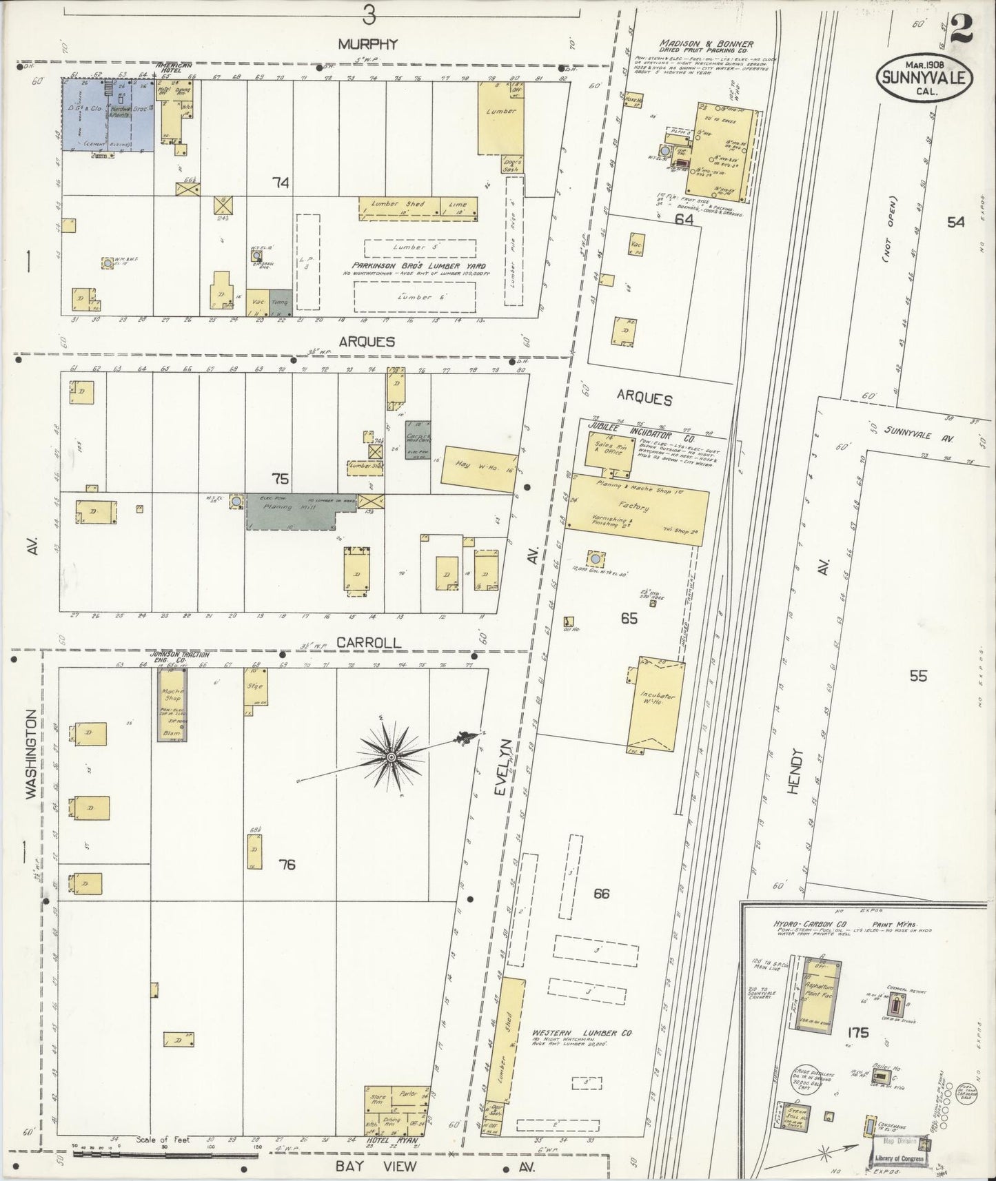 Sanborn Fire Insurance Map from Sunnyvale, Santa Clara County, California (1908), Sheet #0002 - Complete Map Set gallery image, historic Sanborn map, vintage wall art, California California