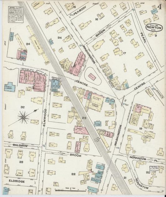 Sanborn Fire Insurance Map from Newton, Middlesex County, Massachusetts (1884), Sheet #0004 - Historic Sanborn Fire Insurance Map Print, vintage old map wall art, antique decor, genealogy gift, Massachusetts Massachusetts map