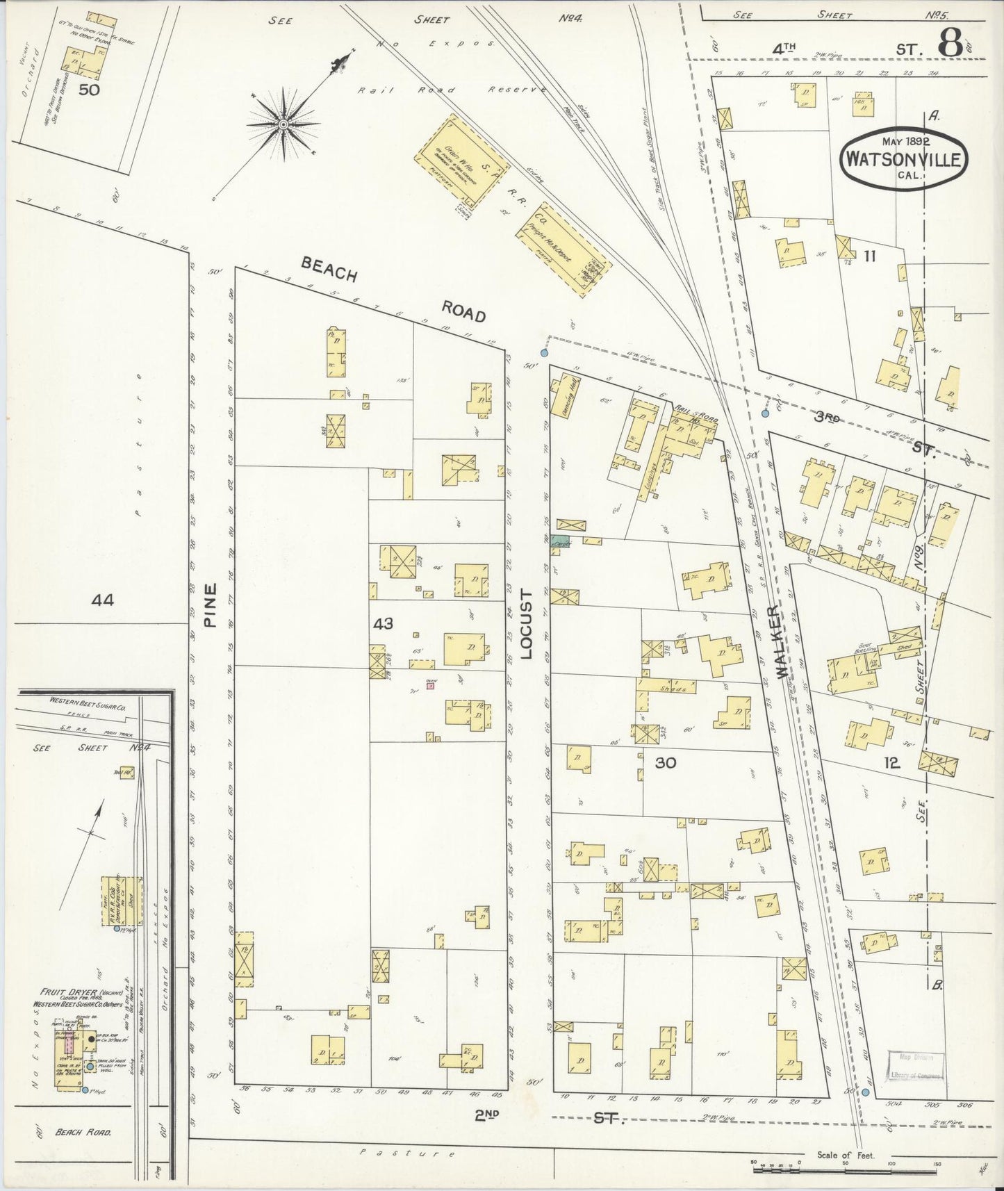Sanborn Fire Insurance Map from Watsonville, Santa Cruz County, California (1892), Sheet #0008 - Complete Map Set gallery image, historic Sanborn map, vintage wall art, California California