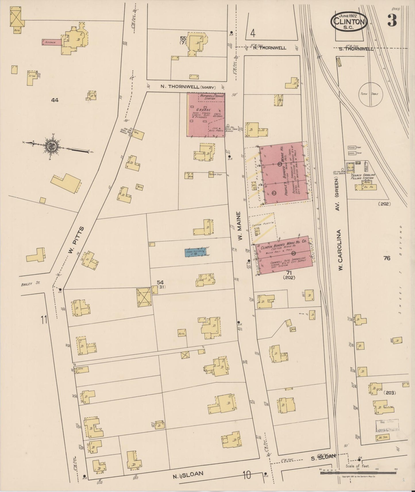 Sanborn Fire Insurance Map from Clinton, Laurens County, South Carolina (1922), Sheet #0003 - Complete Map Set gallery image, historic Sanborn map, vintage wall art, South Carolina South Carolina