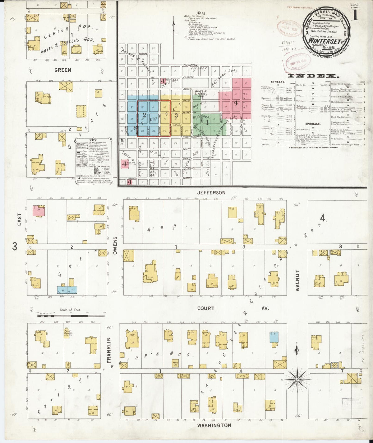 Sanborn Fire Insurance Map from Winterset, Madison County, Iowa (1899), Sheet #0001 - Historic Sanborn Fire Insurance Map Print, vintage old map wall art
