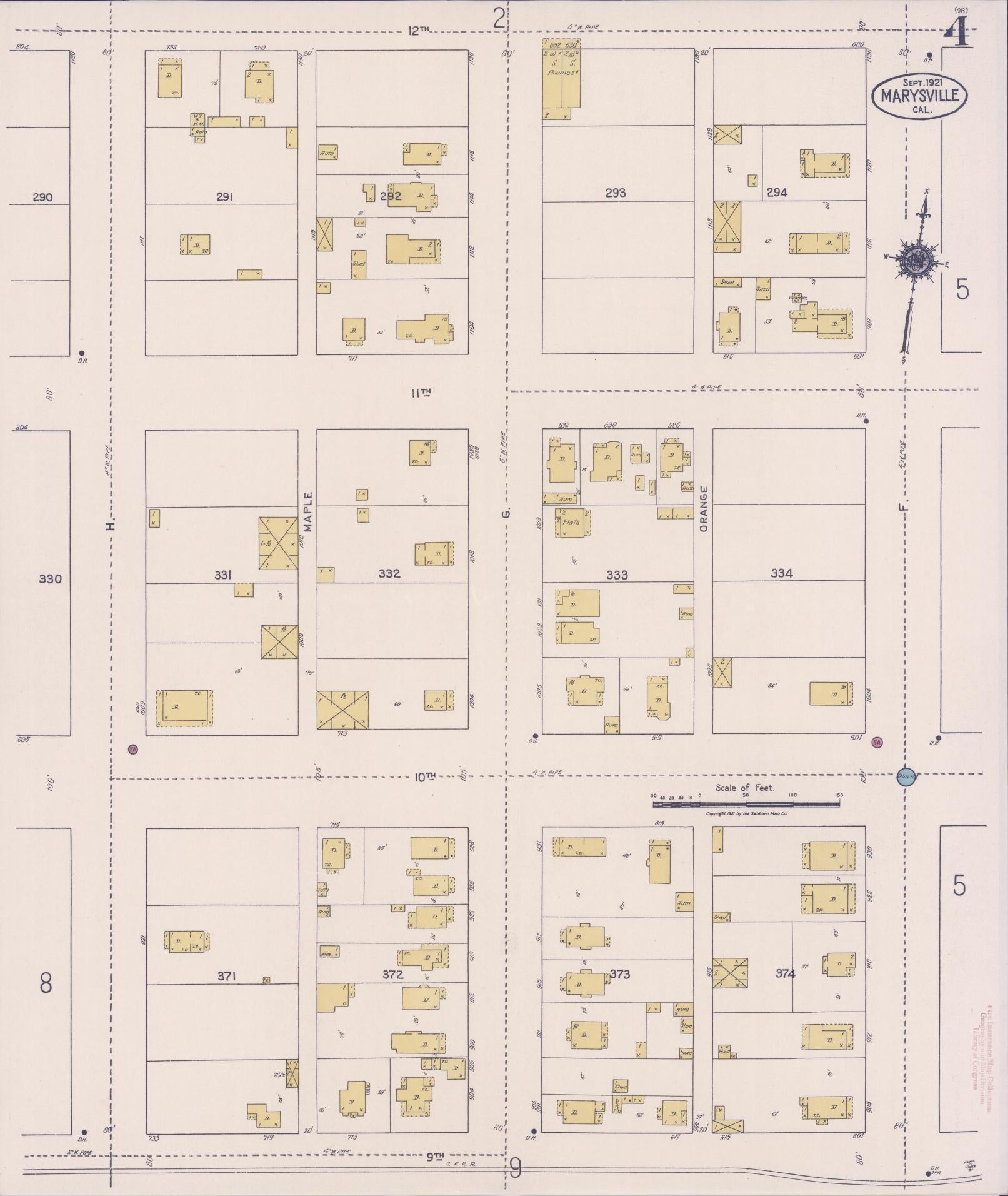 Sanborn Fire Insurance Map from Marysville, Yuba County, California (1921), Sheet #0004 - Historic Sanborn Fire Insurance Map Print, vintage old map wall art, antique decor, genealogy gift, California California map