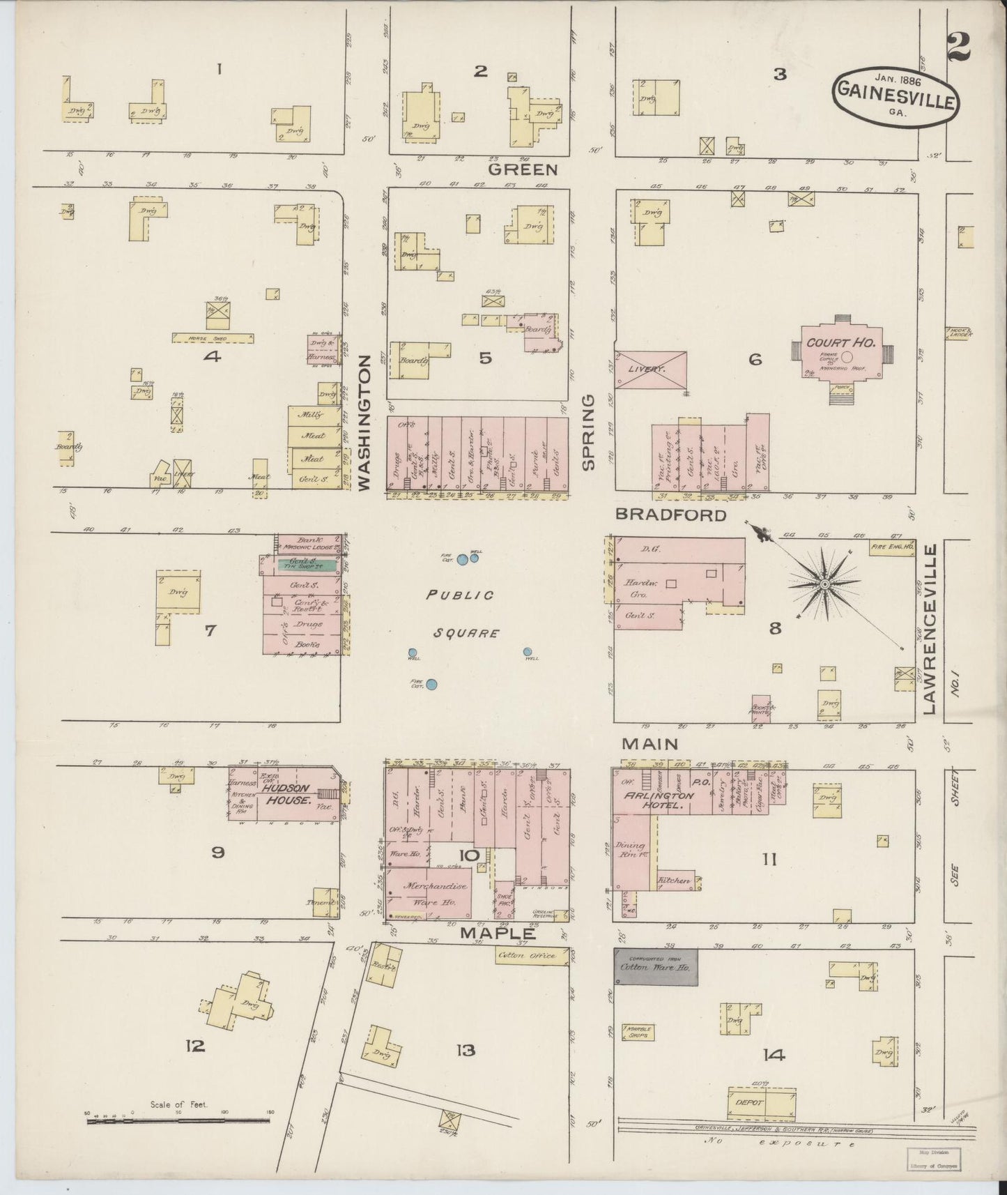 Sanborn Fire Insurance Map from Gainesville, Hall County, Georgia (1886), Sheet #0002 - Complete Map Set gallery image, historic Sanborn map, vintage wall art, Georgia Georgia