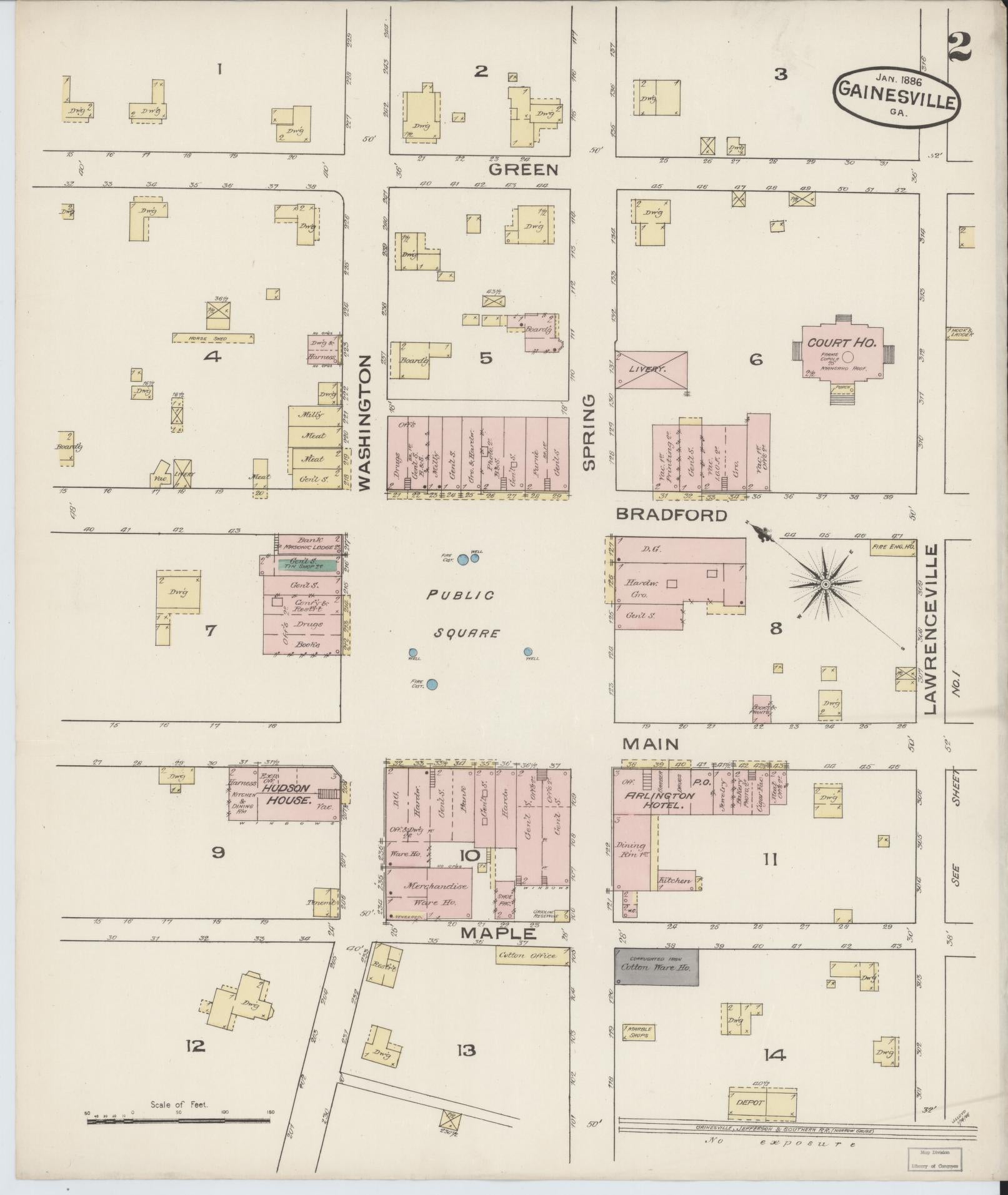 Sanborn Fire Insurance Map from Gainesville, Hall County, Georgia (1886), Sheet #0002 - Complete Map Set gallery image, historic Sanborn map, vintage wall art, Georgia Georgia