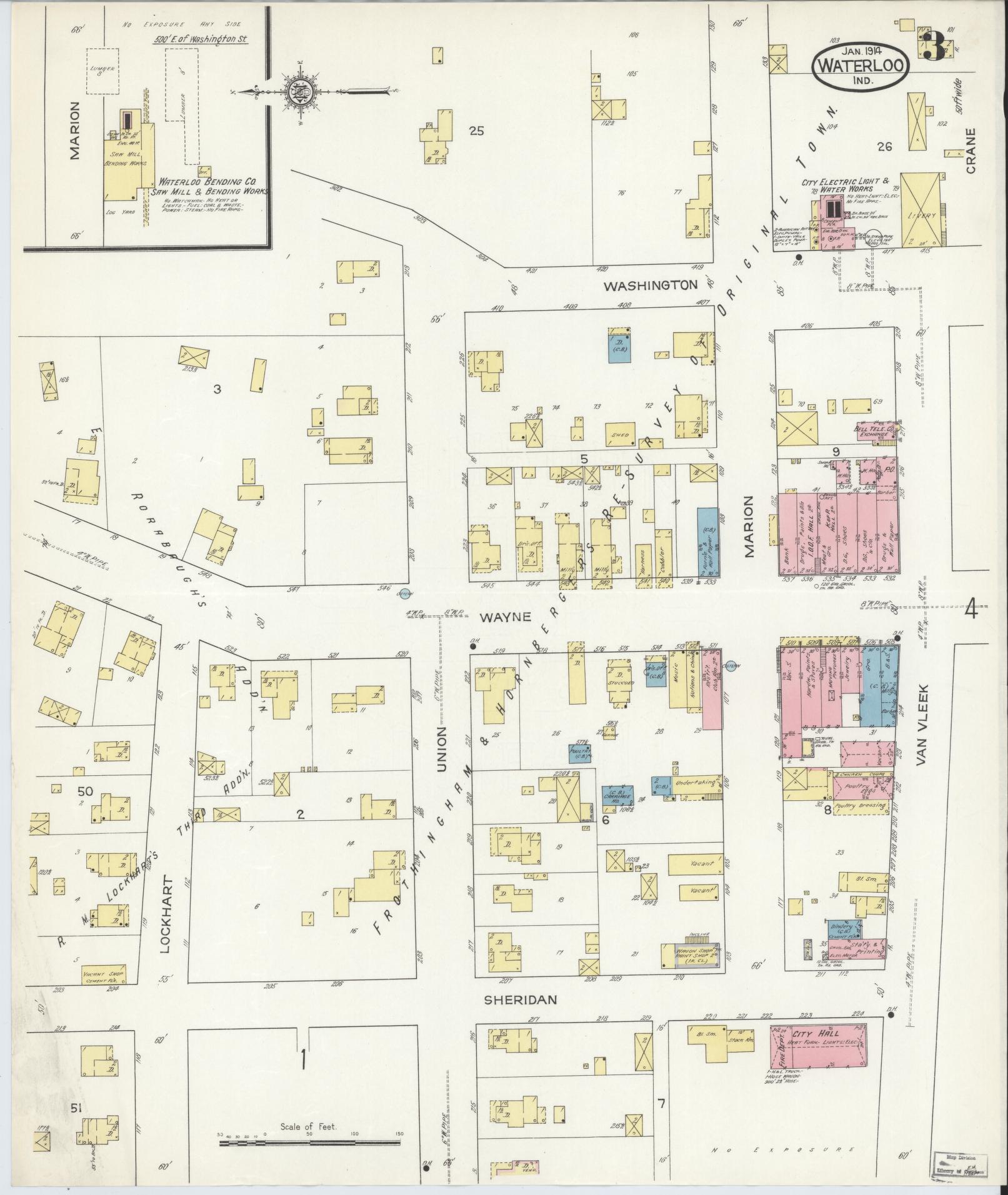 Sanborn Fire Insurance Map from Waterloo, De Kalb County, Indiana (1914), Sheet #0003 - Complete Map Set gallery image, historic Sanborn map, vintage wall art, Indiana Indiana