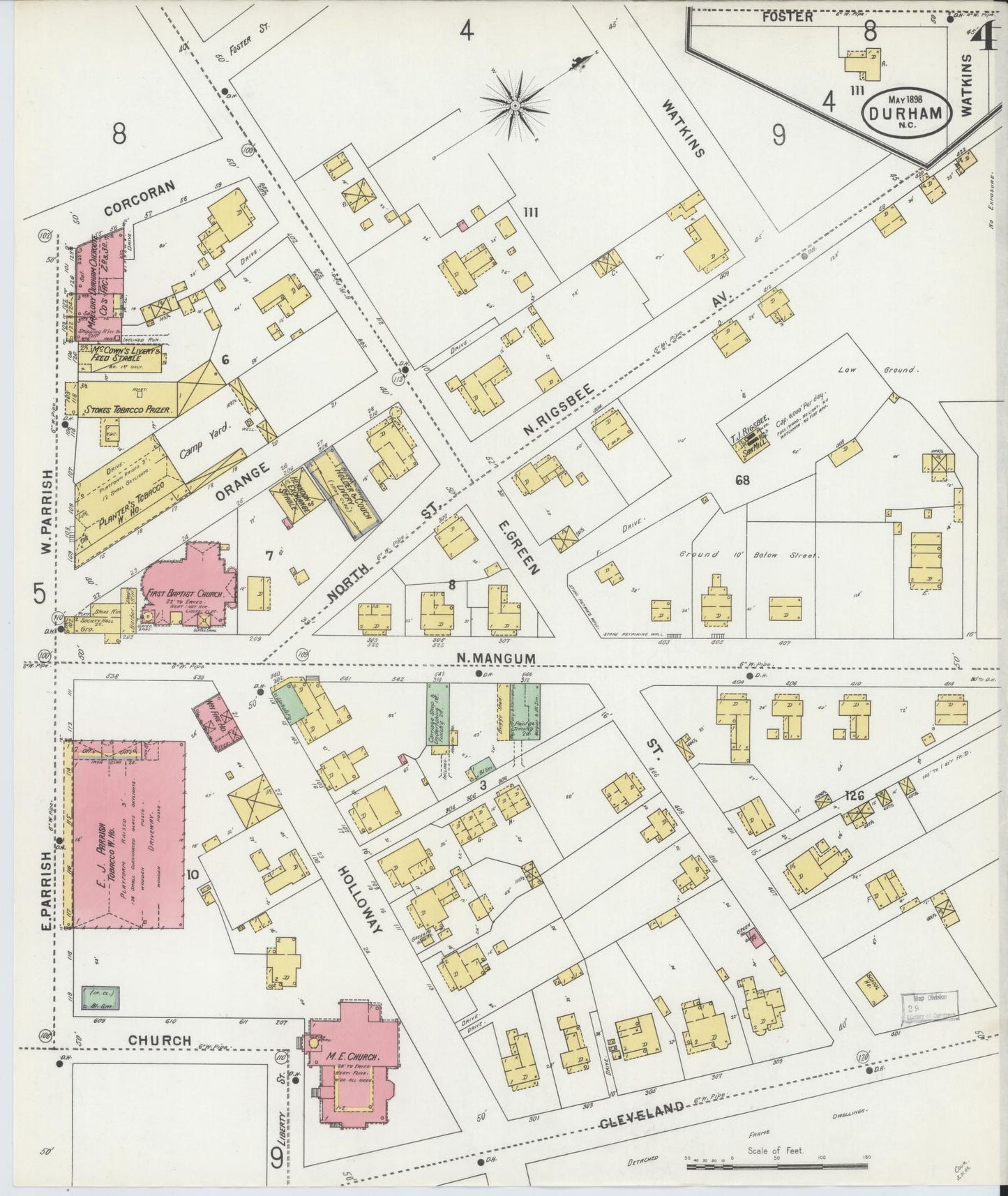 Sanborn Fire Insurance Map from Durham, Durham County, North Carolina (1898), Sheet #0004 - Complete Map Set gallery image, historic Sanborn map, vintage wall art, North Carolina North Carolina