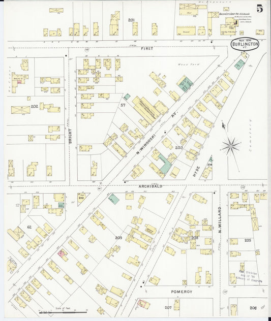Sanborn Fire Insurance Map from Burlington, Chittenden County, Vermont (1894), Sheet #0005 - Historic Sanborn Fire Insurance Map Print, vintage old map wall art, antique decor, genealogy gift, Vermont Vermont map