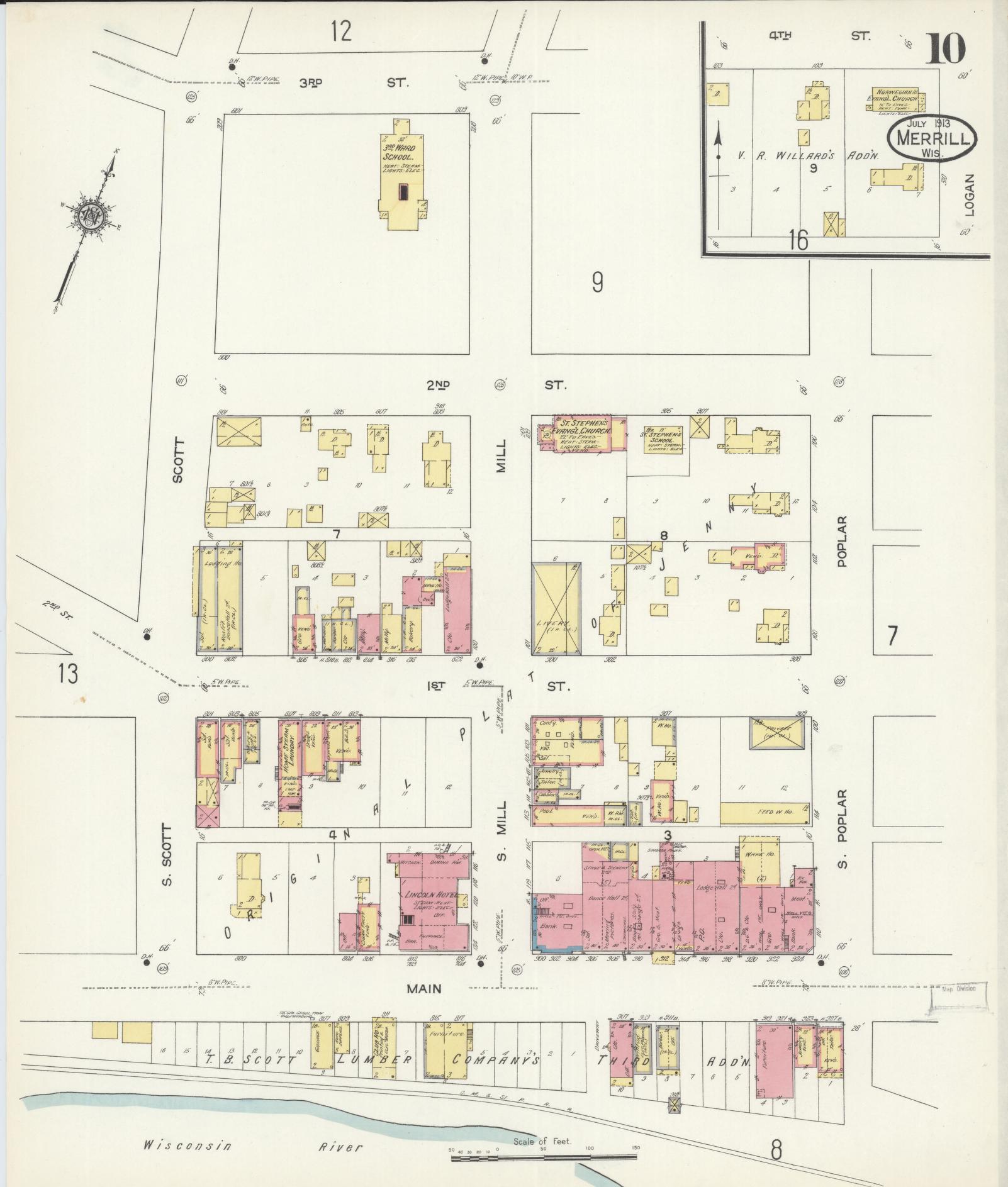 Sanborn Fire Insurance Map from Merrill, Lincoln County, Wisconsin (1913), Sheet #0010 - Historic Sanborn Fire Insurance Map Print, vintage old map wall art, antique decor, genealogy gift, Wisconsin Wisconsin map
