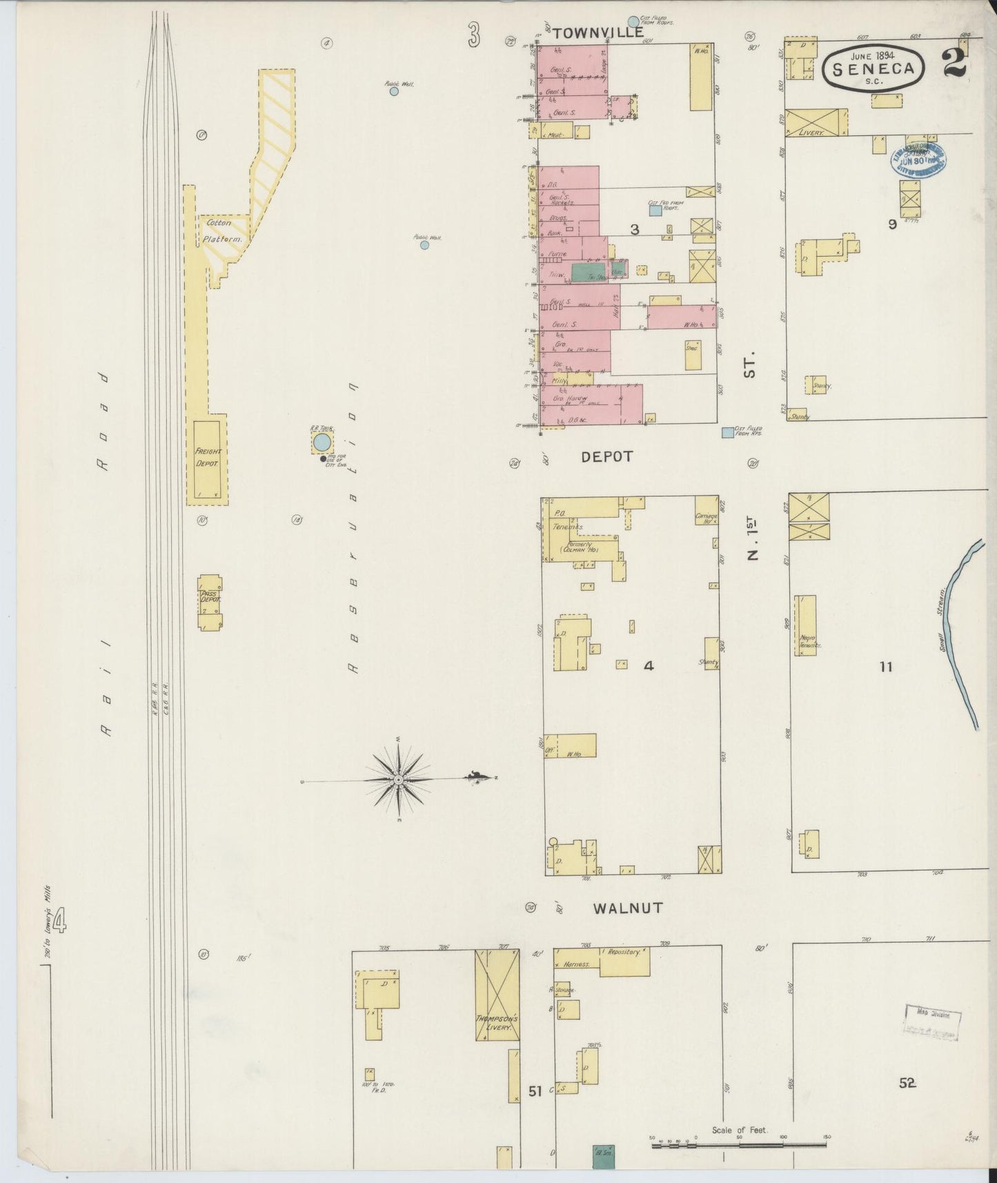 Sanborn Fire Insurance Map from Seneca, Oconee County, South Carolina (1894), Sheet #0002 - Complete Map Set gallery image, historic Sanborn map, vintage wall art, South Carolina South Carolina
