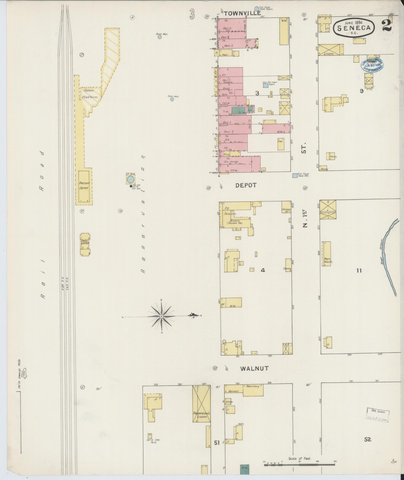 Sanborn Fire Insurance Map from Seneca, Oconee County, South Carolina (1894), Sheet #0002 - Complete Map Set gallery image, historic Sanborn map, vintage wall art, South Carolina South Carolina