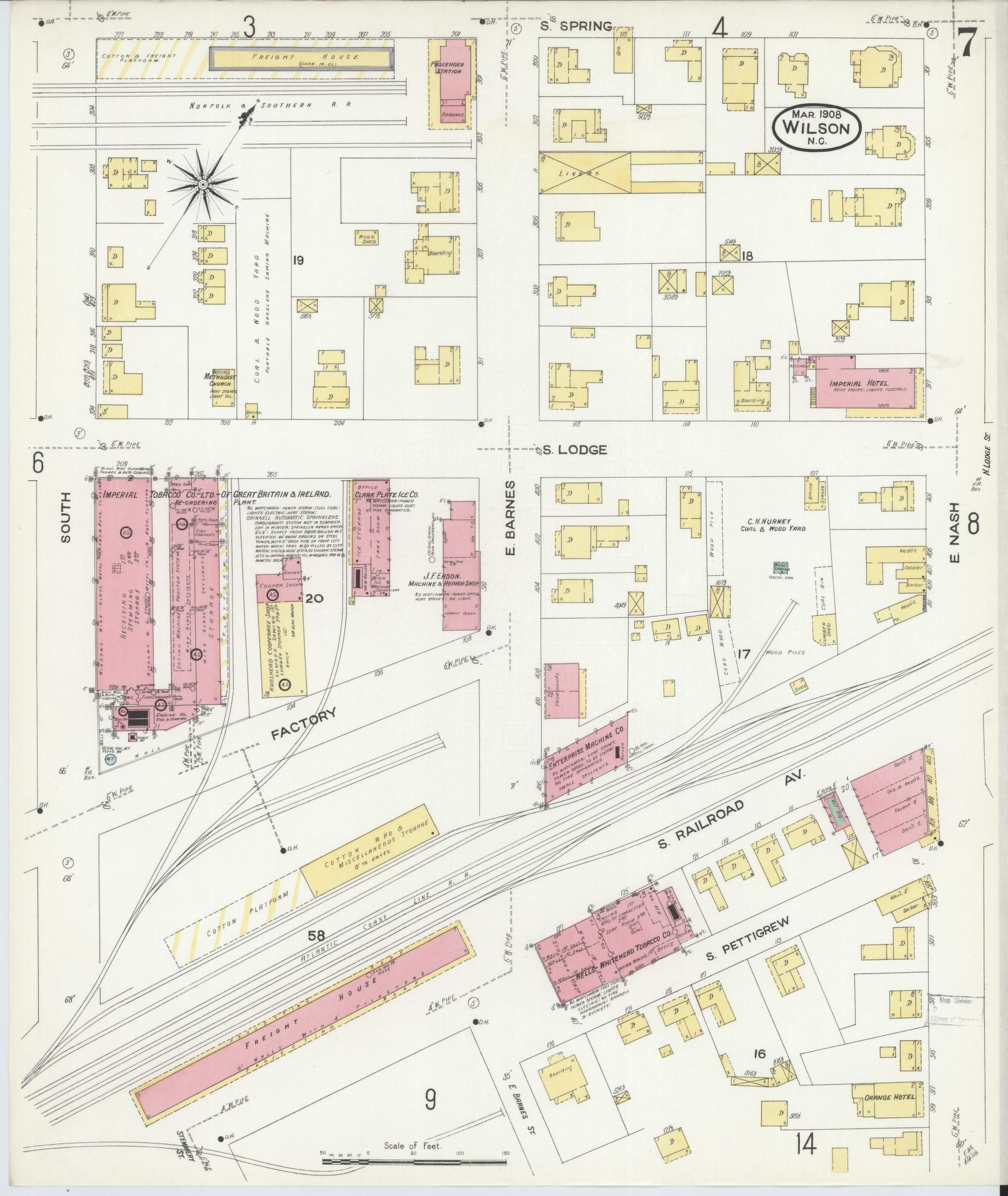 Sanborn Fire Insurance Map from Wilson, Wilson County, North Carolina (1908), Sheet #0007 - Complete Map Set gallery image, historic Sanborn map, vintage wall art, North Carolina North Carolina