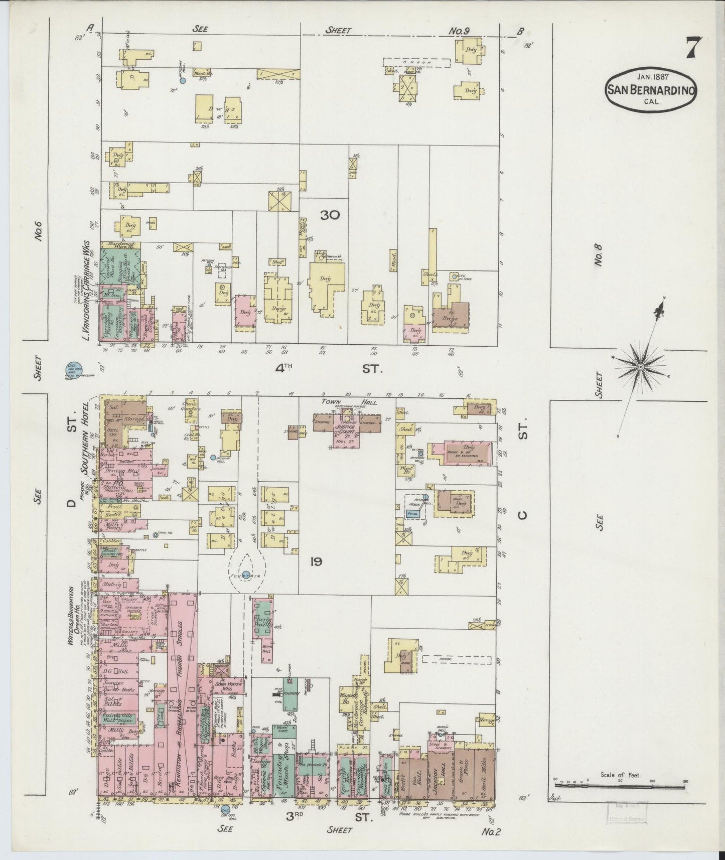 Sanborn Fire Insurance Map from San Bernardino, San Bernardino County, California (1887), Sheet #0007 - Complete Map Set gallery image, historic Sanborn map, vintage wall art, California California