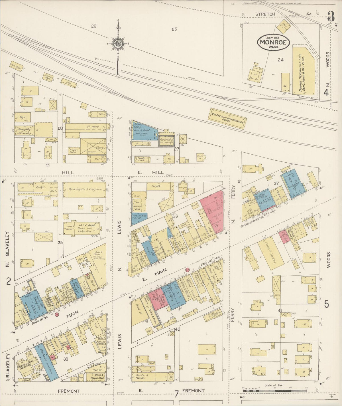 Sanborn Fire Insurance Map from Monroe, Snohomish County, Washington (1913), Sheet #0003 - Historic Sanborn Fire Insurance Map Print, vintage old map wall art, antique decor, genealogy gift, Washington Washington map