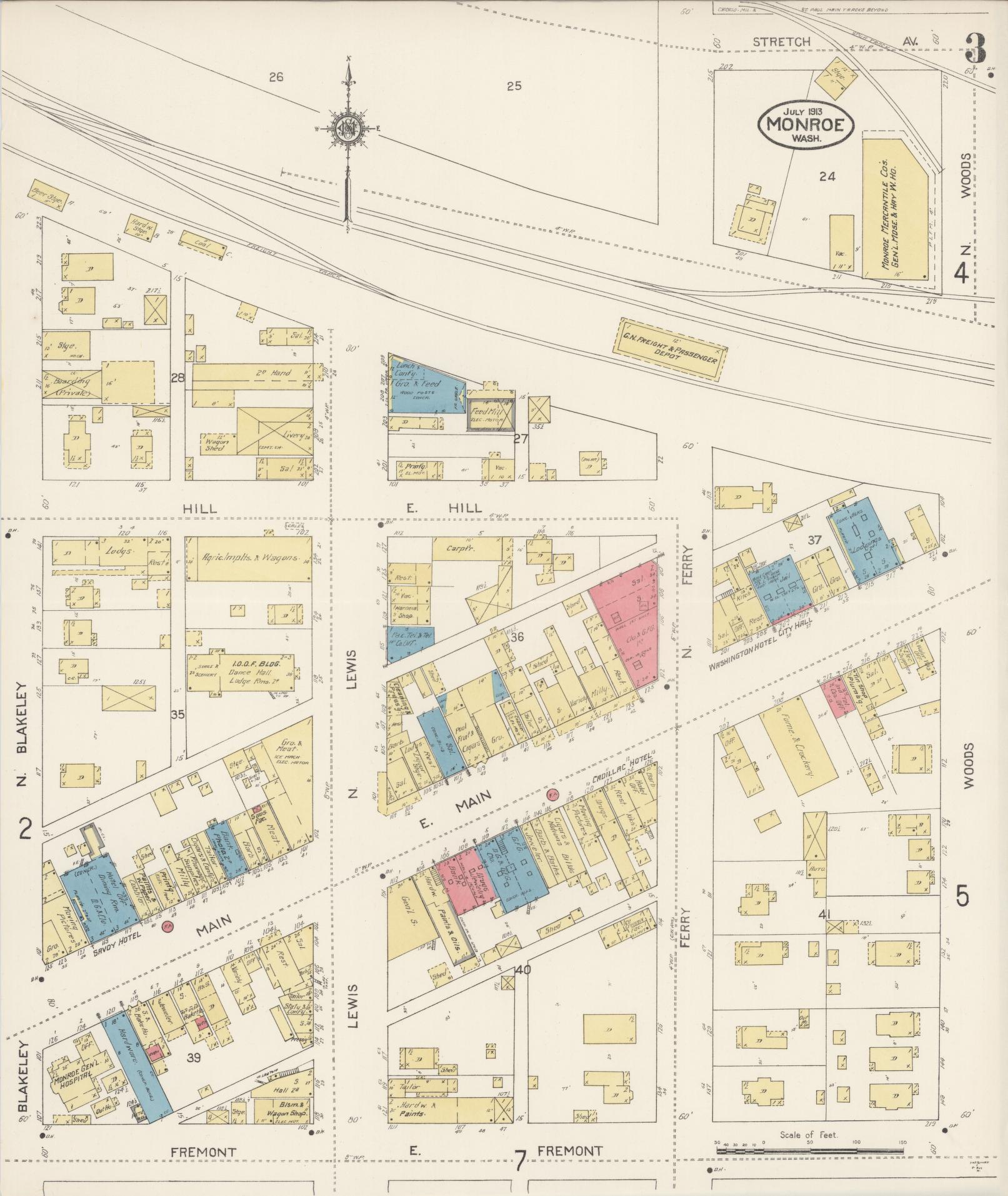 Sanborn Fire Insurance Map from Monroe, Snohomish County, Washington (1913), Sheet #0003 - Historic Sanborn Fire Insurance Map Print, vintage old map wall art, antique decor, genealogy gift, Washington Washington map